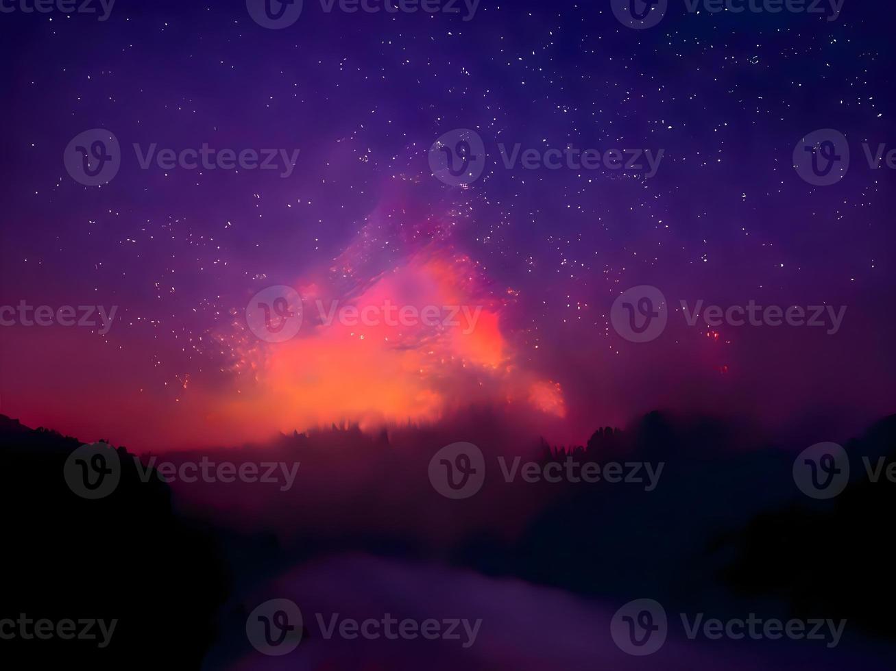 Milky Way and pink light at mountains. Night colorful landscape. Starry sky with hills. Beautiful Universe. Space background with galaxy. Travel background photo