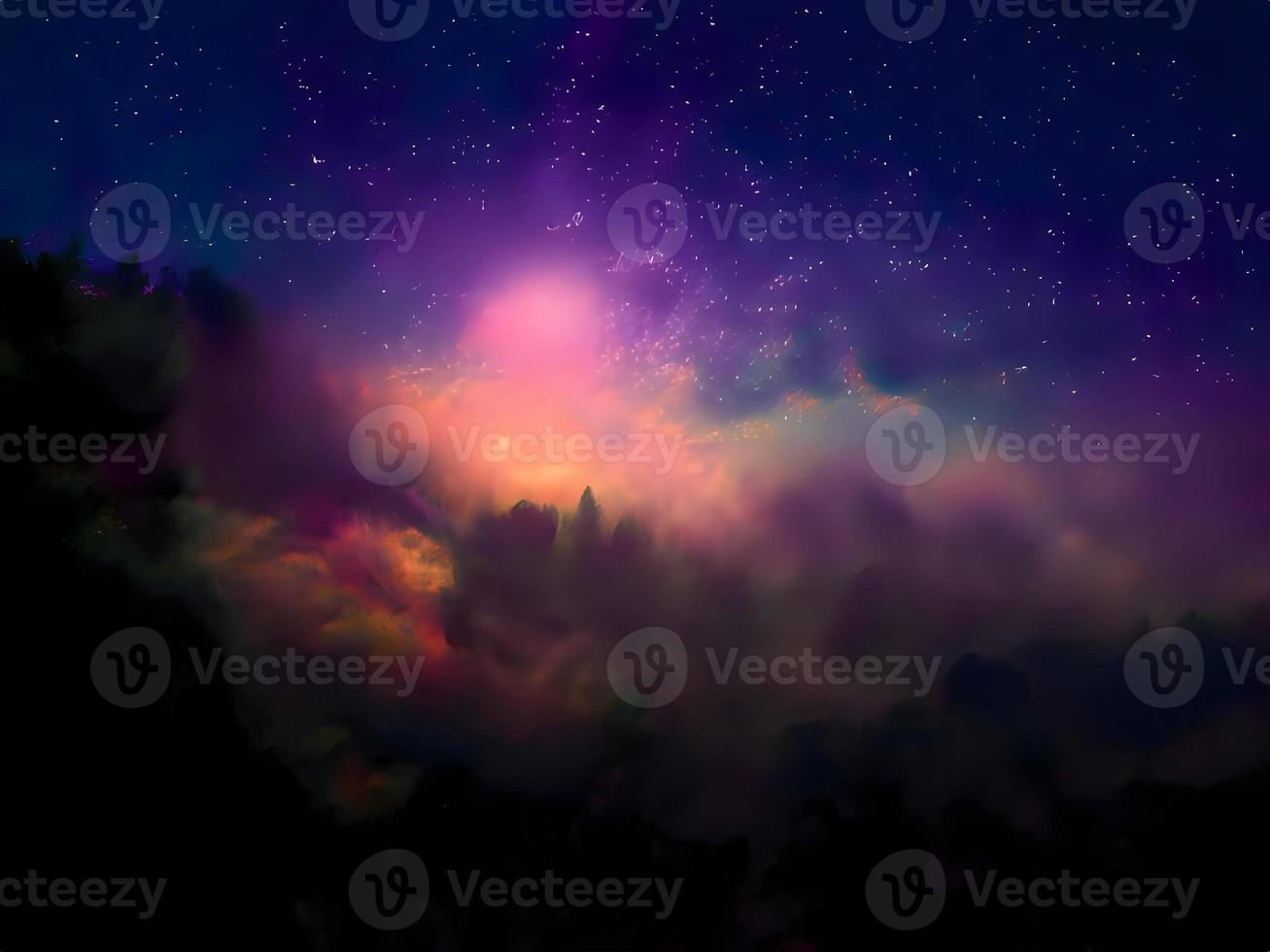 Milky Way and pink light at mountains. Night colorful landscape. Starry sky with hills. Beautiful Universe. Space background with galaxy. Travel background photo