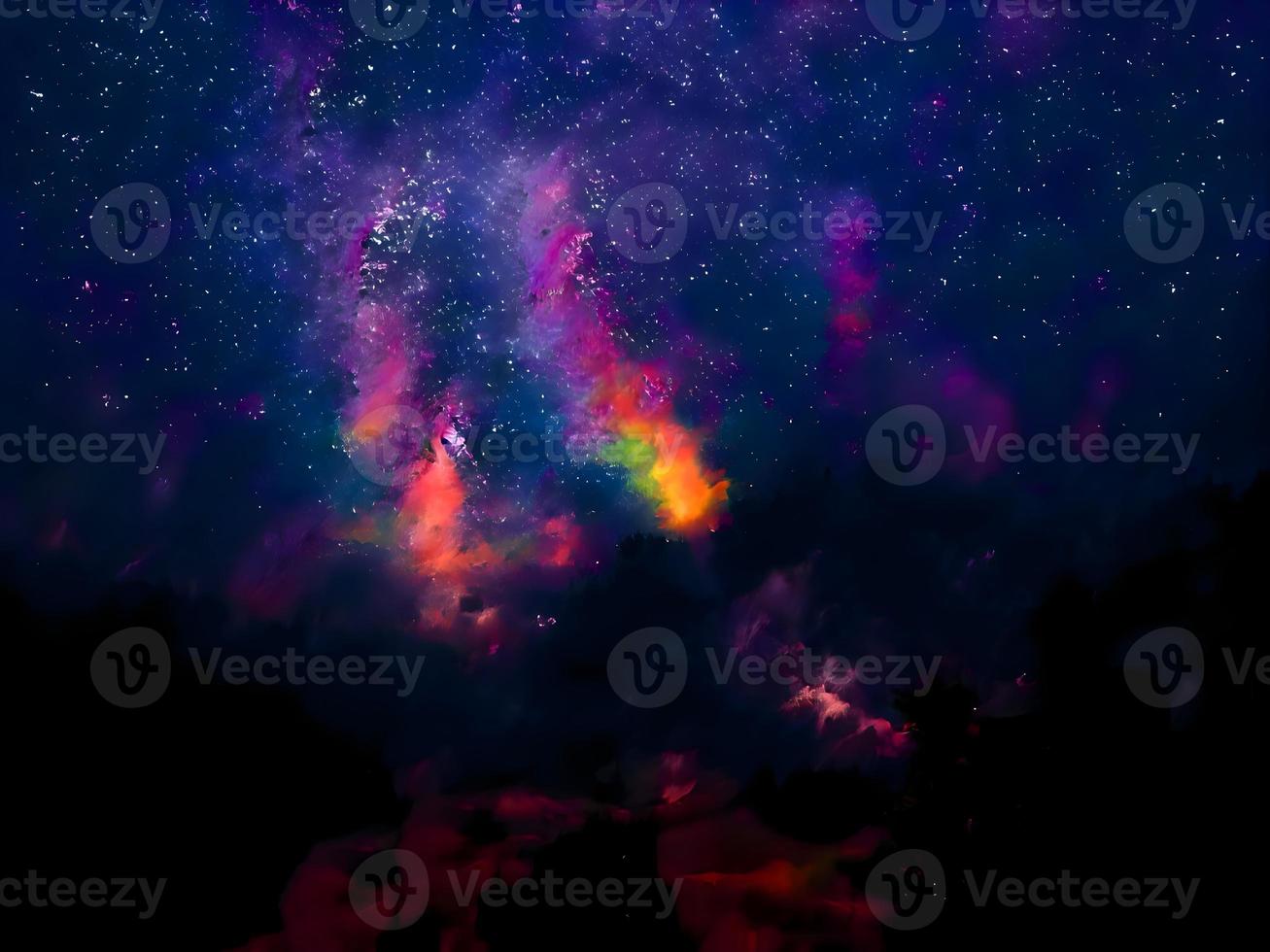 Milky Way and pink light at mountains. Night colorful landscape. Starry sky with hills. Beautiful Universe. Space background with galaxy. Travel background photo