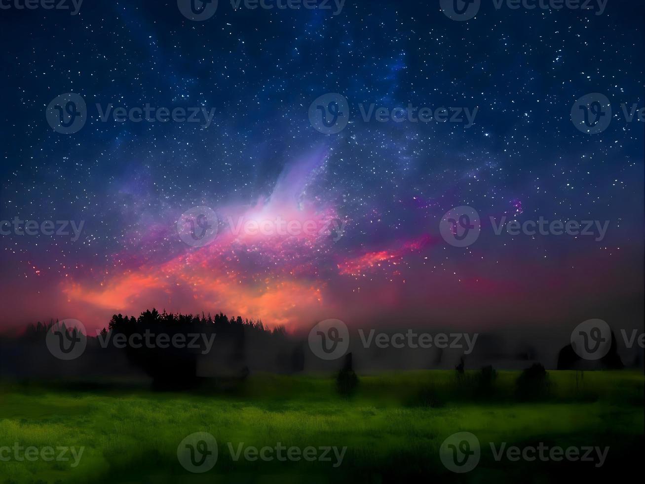 Milky Way and pink light at mountains. Night colorful landscape. Starry sky with hills. Beautiful Universe. Space background with galaxy. Travel background photo