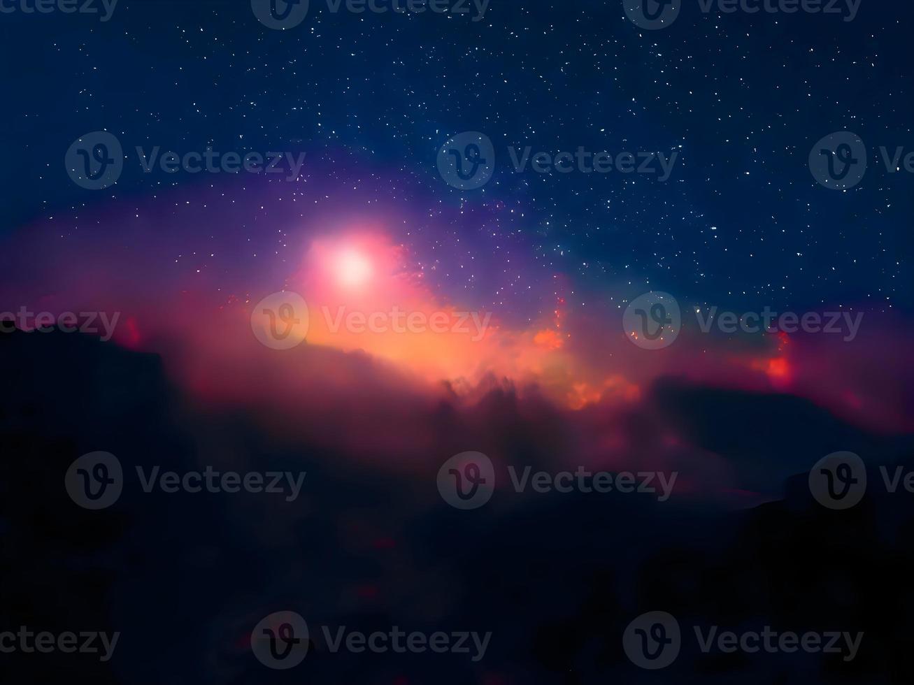 vía láctea y luz rosa en las montañas. paisaje colorido nocturno. cielo estrellado con colinas. hermoso universo. fondo espacial con galaxia. fondo de viaje foto