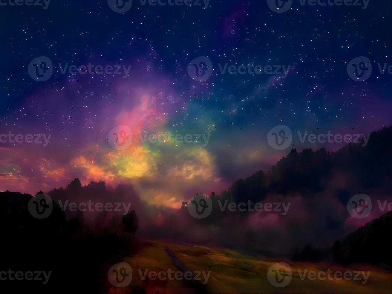 Milky Way and pink light at mountains. Night colorful landscape. Starry sky with hills. Beautiful Universe. Space background with galaxy. Travel background photo