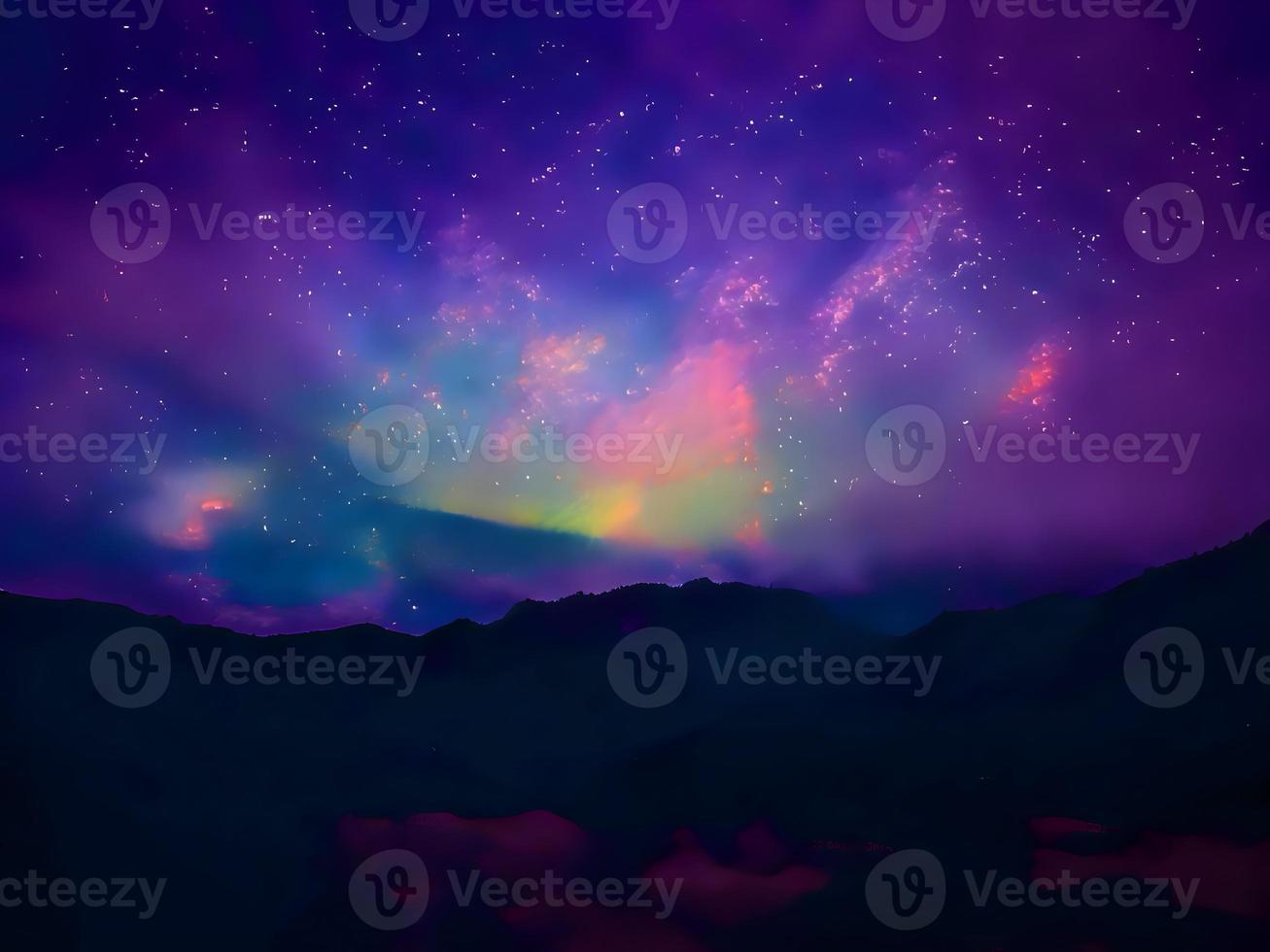 Milky Way and pink light at mountains. Night colorful landscape. Starry sky with hills. Beautiful Universe. Space background with galaxy. Travel background photo