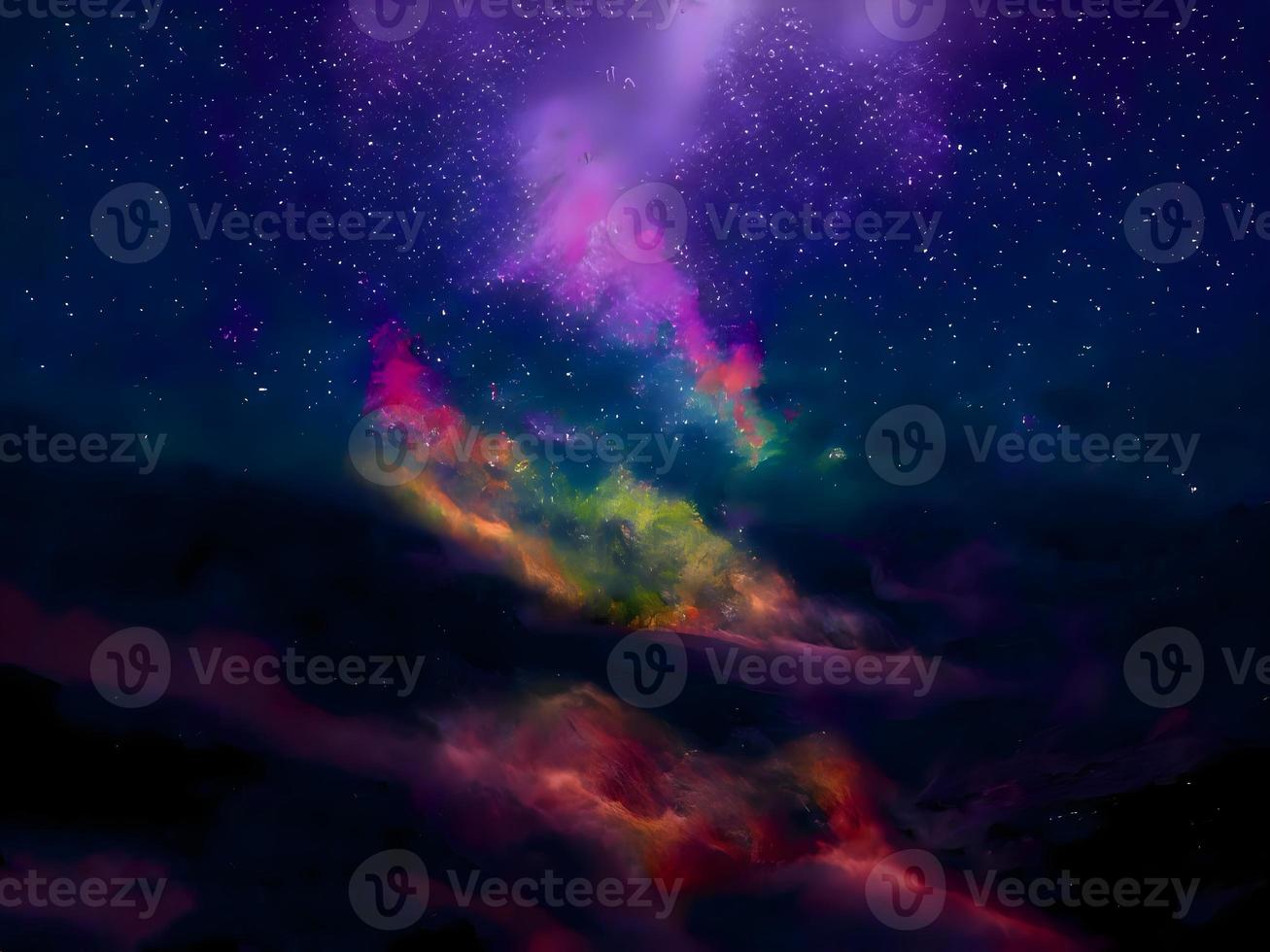 Milky Way and pink light at mountains. Night colorful landscape. Starry sky with hills. Beautiful Universe. Space background with galaxy. Travel background photo