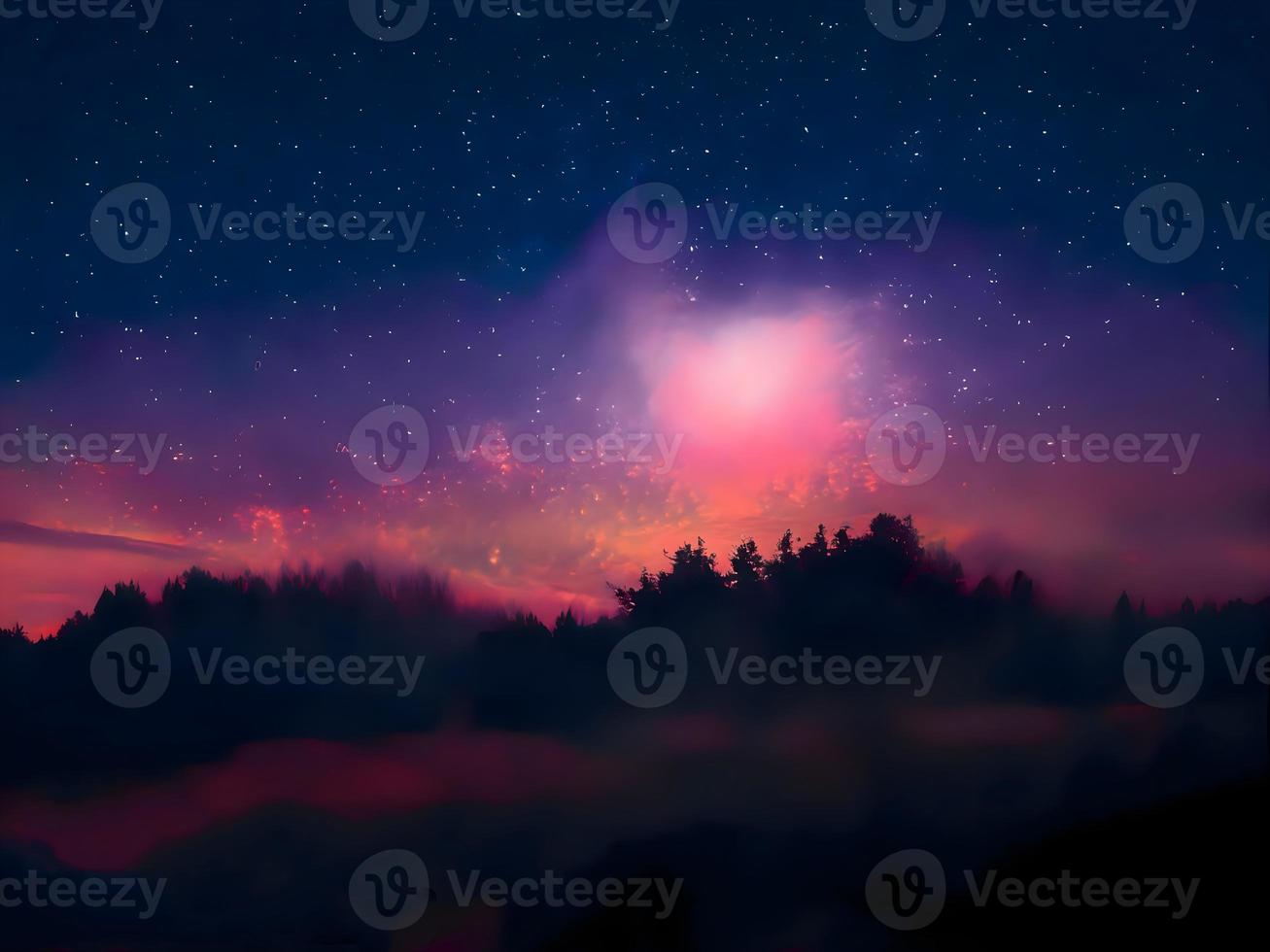 vía láctea y luz rosa en las montañas. paisaje colorido nocturno. cielo estrellado con colinas. hermoso universo. fondo espacial con galaxia. fondo de viaje foto