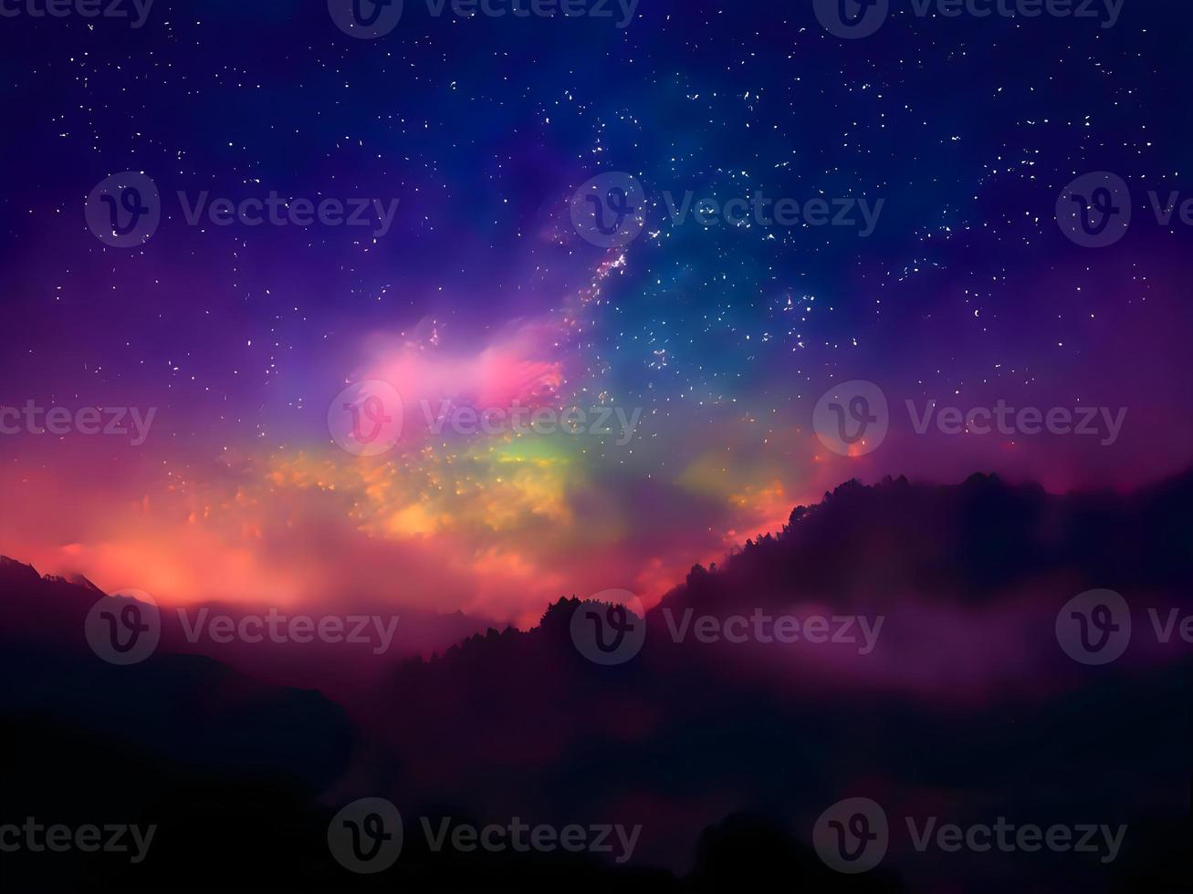 Milky Way and pink light at mountains. Night colorful landscape. Starry sky with hills. Beautiful Universe. Space background with galaxy. Travel background photo