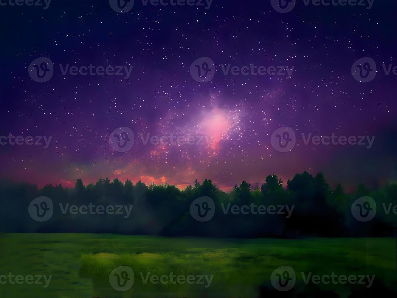 Milky Way and pink light at mountains. Night colorful landscape. Starry sky with hills. Beautiful Universe. Space background with galaxy. Travel background photo