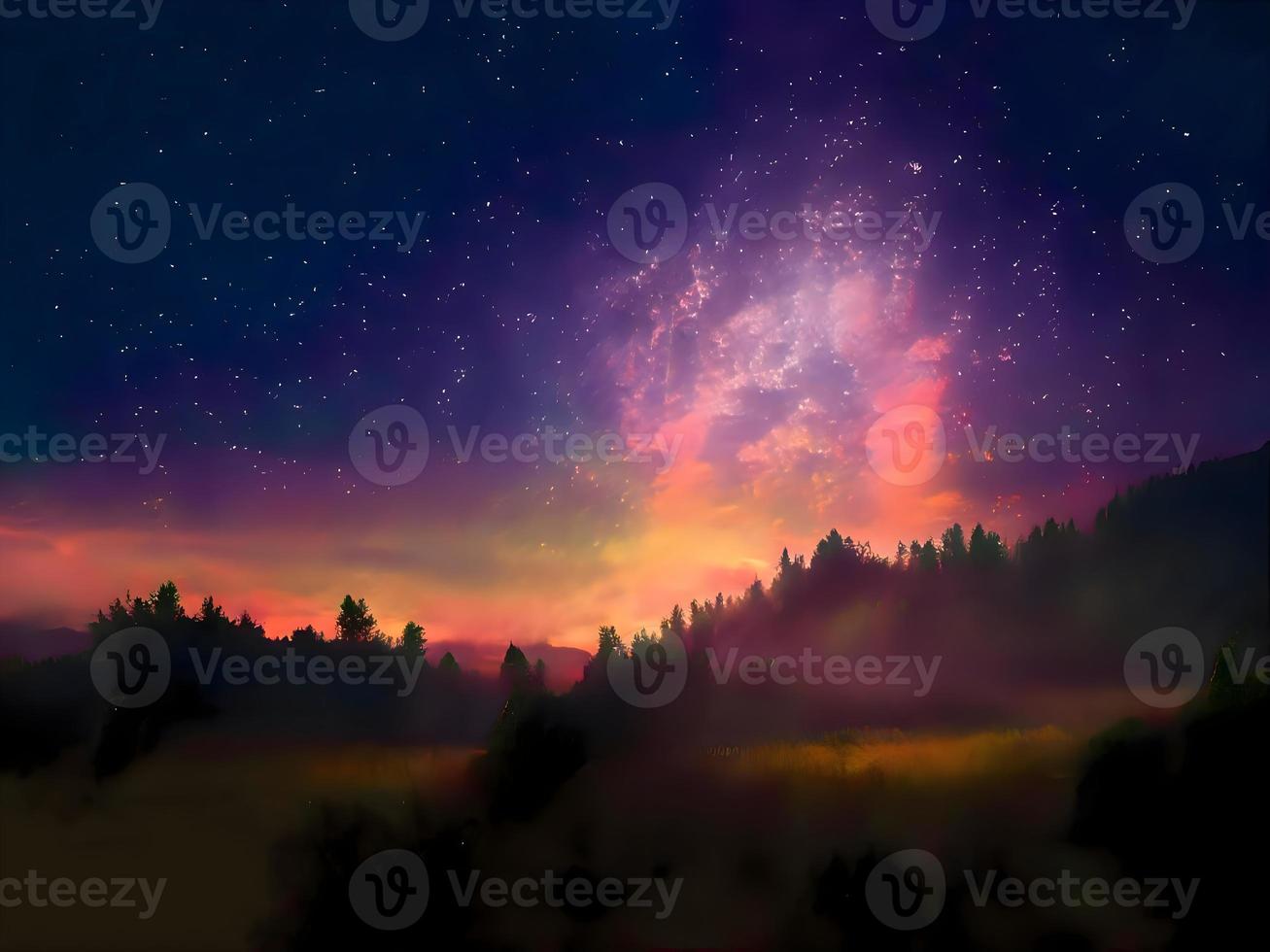 Milky Way and pink light at mountains. Night colorful landscape. Starry sky with hills. Beautiful Universe. Space background with galaxy. Travel background photo