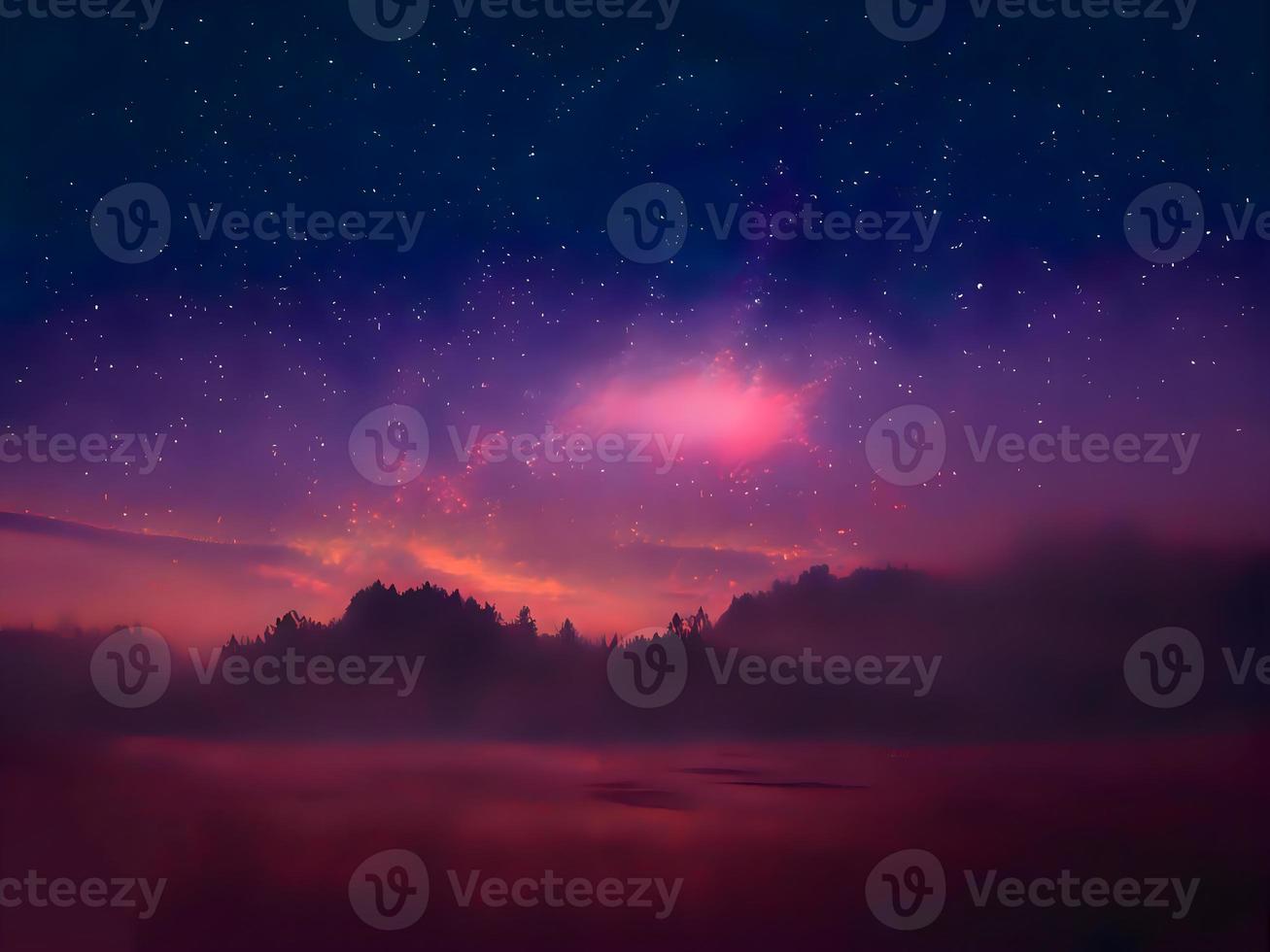 Milky Way and pink light at mountains. Night colorful landscape. Starry sky with hills. Beautiful Universe. Space background with galaxy. Travel background photo