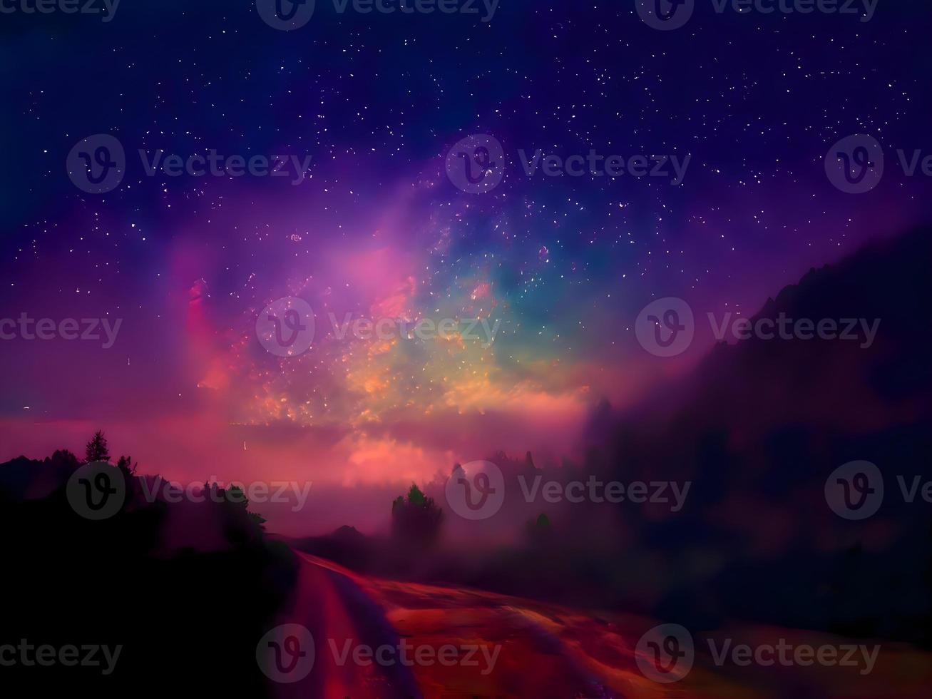 Milky Way and pink light at mountains. Night colorful landscape. Starry sky with hills. Beautiful Universe. Space background with galaxy. Travel background photo