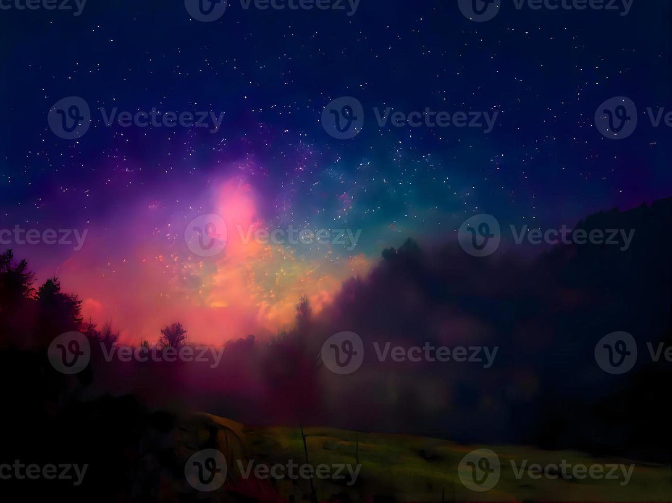 vía láctea y luz rosa en las montañas. paisaje colorido nocturno. cielo estrellado con colinas. hermoso universo. fondo espacial con galaxia. fondo de viaje foto