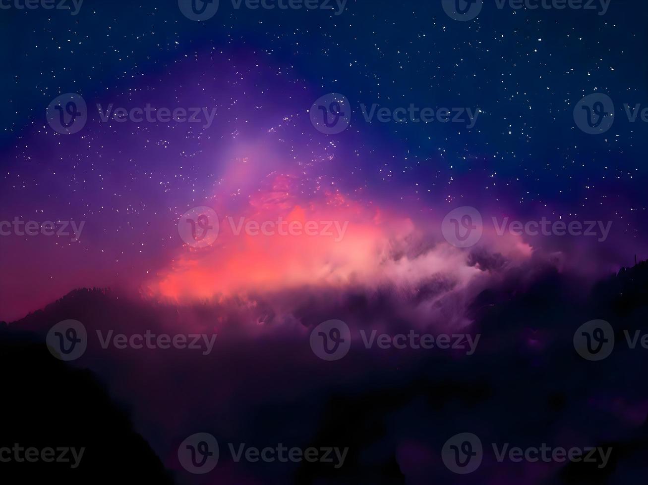 Milky Way and pink light at mountains. Night colorful landscape. Starry sky with hills. Beautiful Universe. Space background with galaxy. Travel background photo