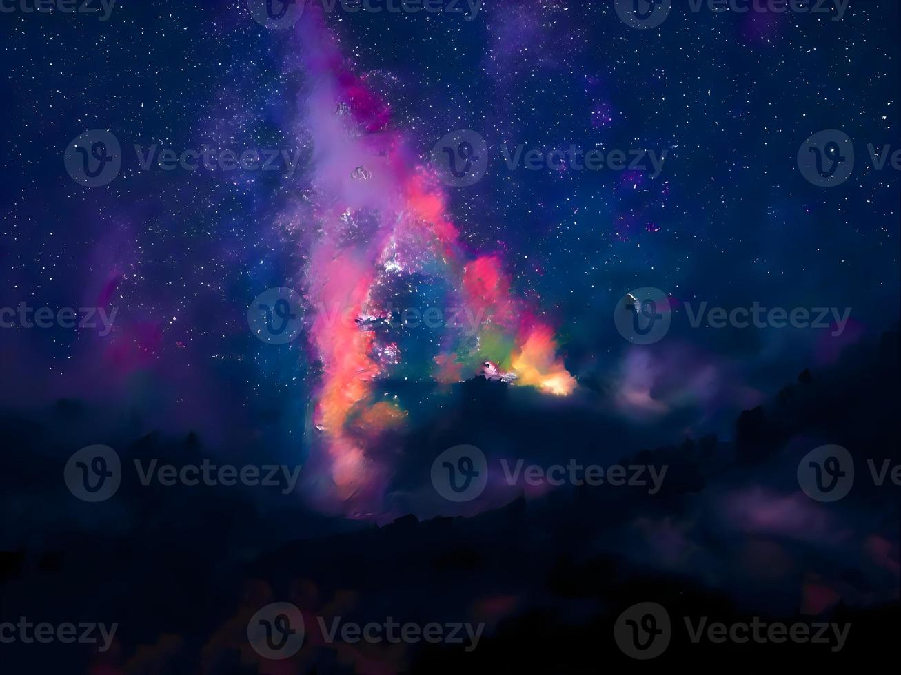 Milky Way and pink light at mountains. Night colorful landscape. Starry sky with hills. Beautiful Universe. Space background with galaxy. Travel background photo