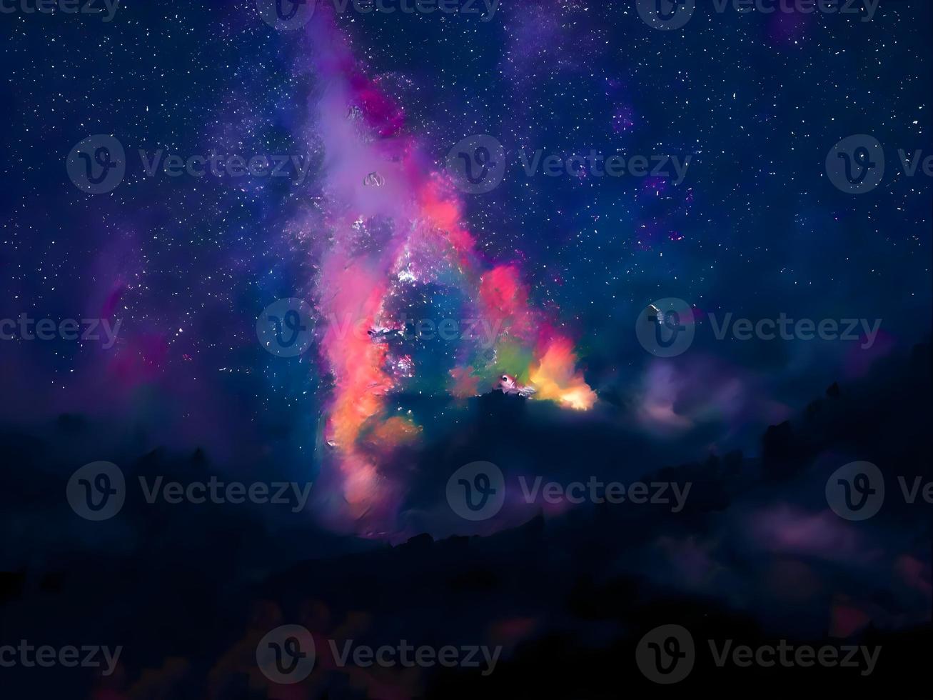 vía láctea y luz rosa en las montañas. paisaje colorido nocturno. cielo estrellado con colinas. hermoso universo. fondo espacial con galaxia. fondo de viaje foto