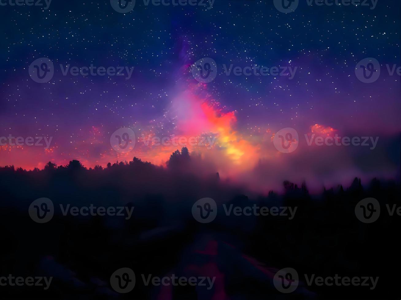 vía láctea y luz rosa en las montañas. paisaje colorido nocturno. cielo estrellado con colinas. hermoso universo. fondo espacial con galaxia. fondo de viaje foto