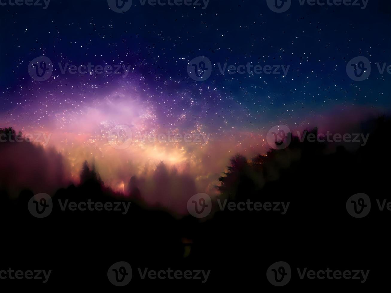 vía láctea y luz rosa en las montañas. paisaje colorido nocturno. cielo estrellado con colinas. hermoso universo. fondo espacial con galaxia. fondo de viaje foto