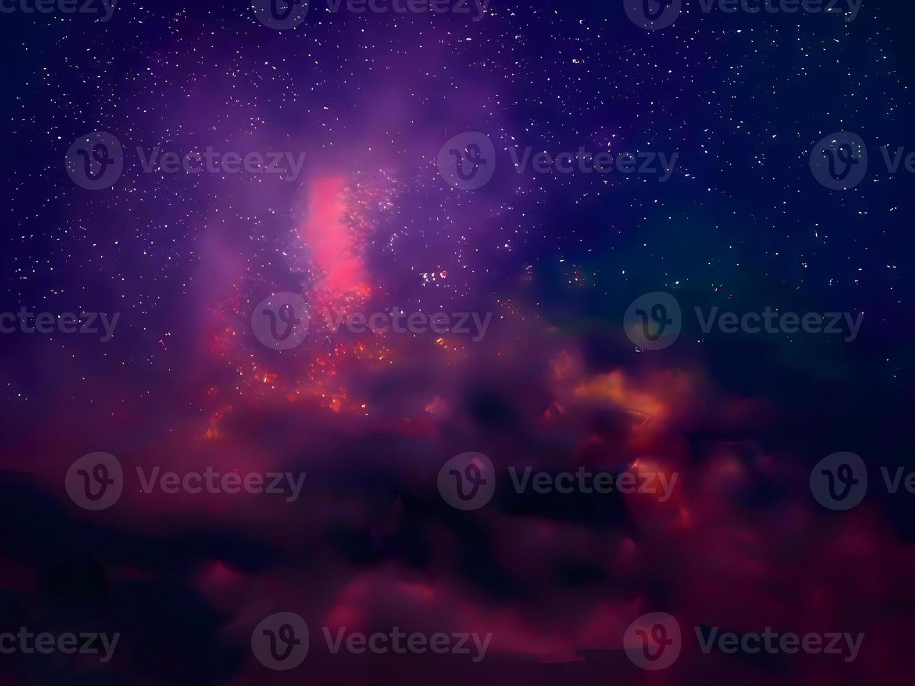 vía láctea y luz rosa en las montañas. paisaje colorido nocturno. cielo estrellado con colinas. hermoso universo. fondo espacial con galaxia. fondo de viaje foto