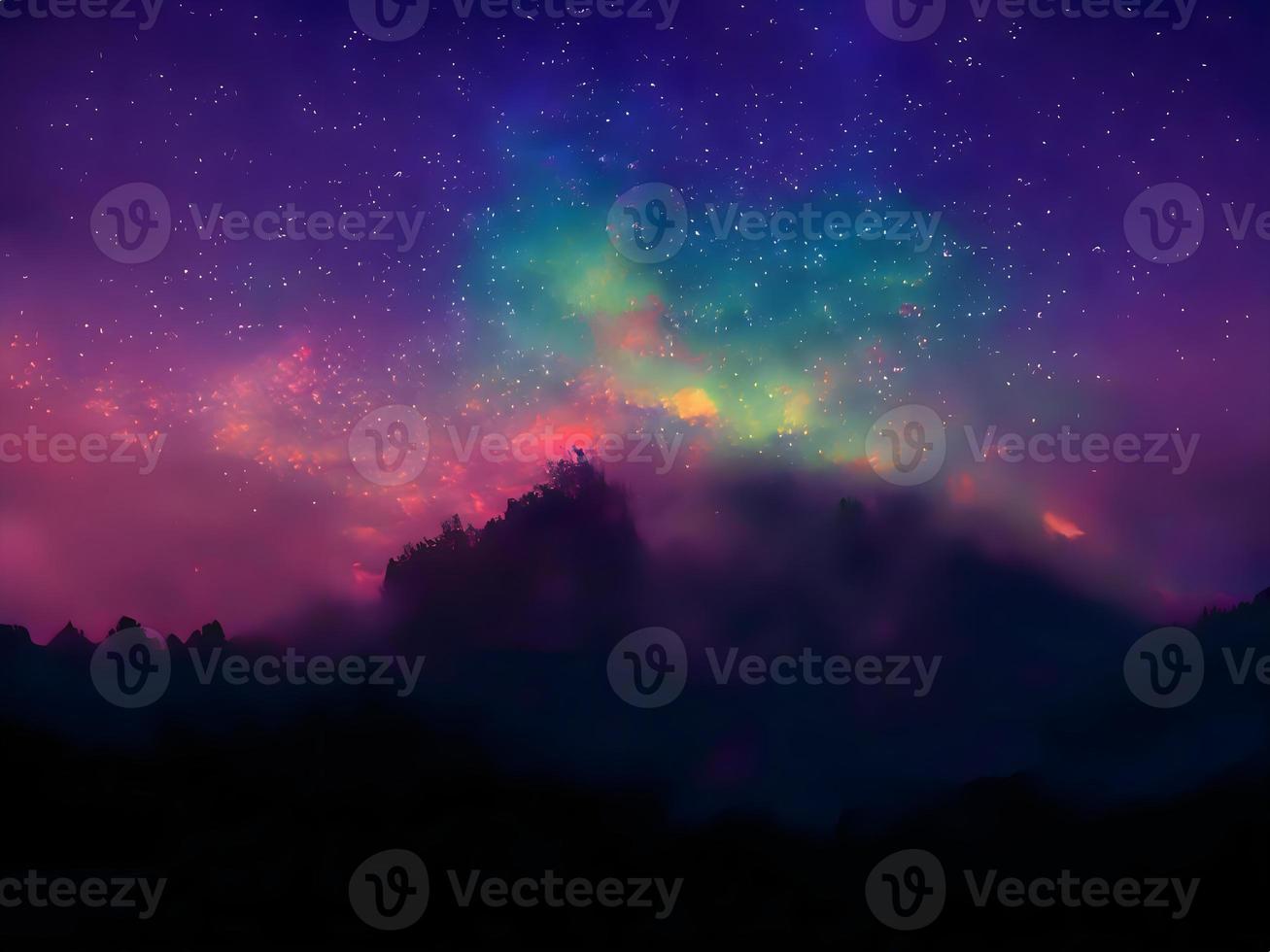 Milky Way and pink light at mountains. Night colorful landscape. Starry sky with hills. Beautiful Universe. Space background with galaxy. Travel background photo