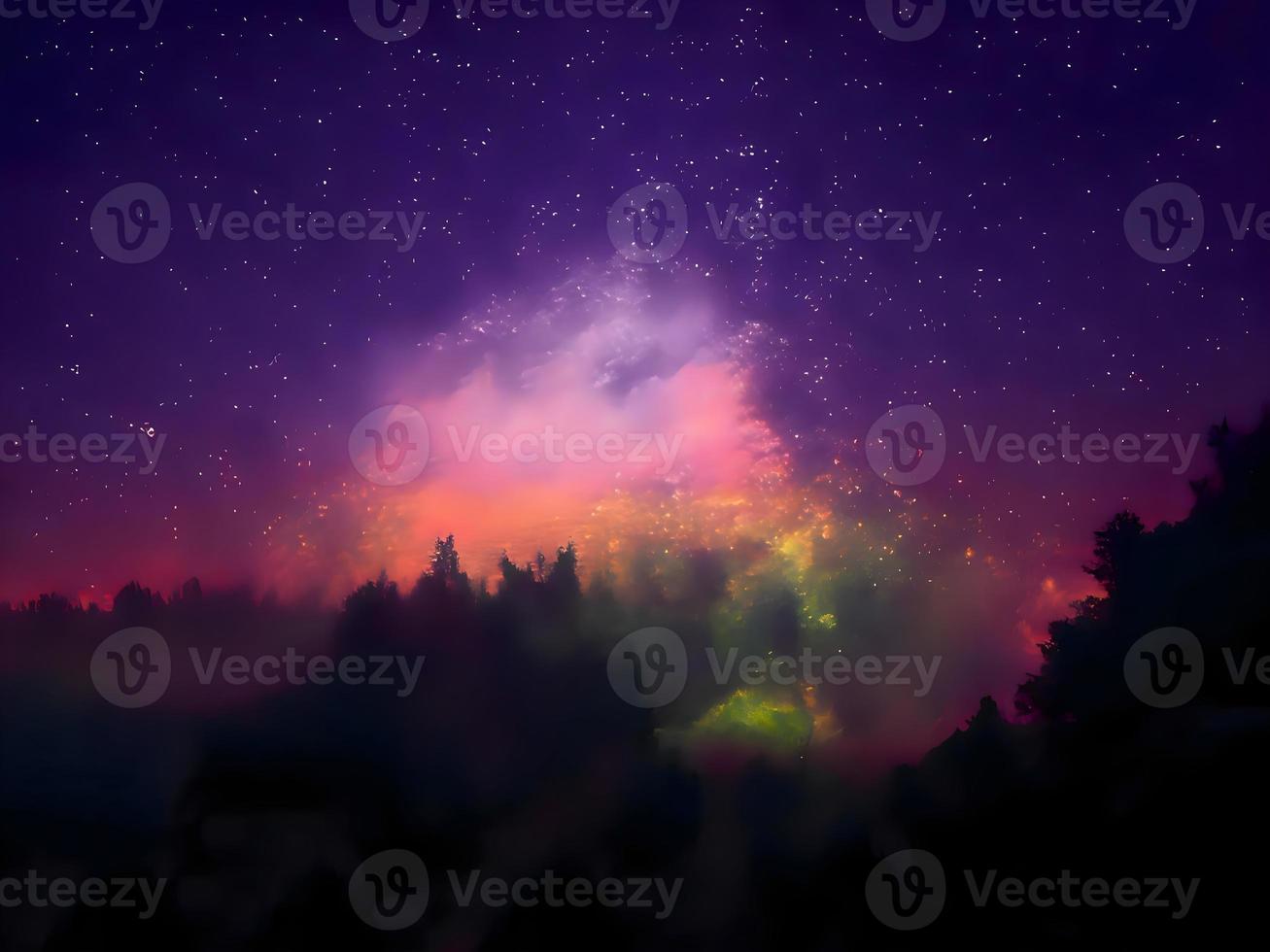 vía láctea y luz rosa en las montañas. paisaje colorido nocturno. cielo estrellado con colinas. hermoso universo. fondo espacial con galaxia. fondo de viaje foto