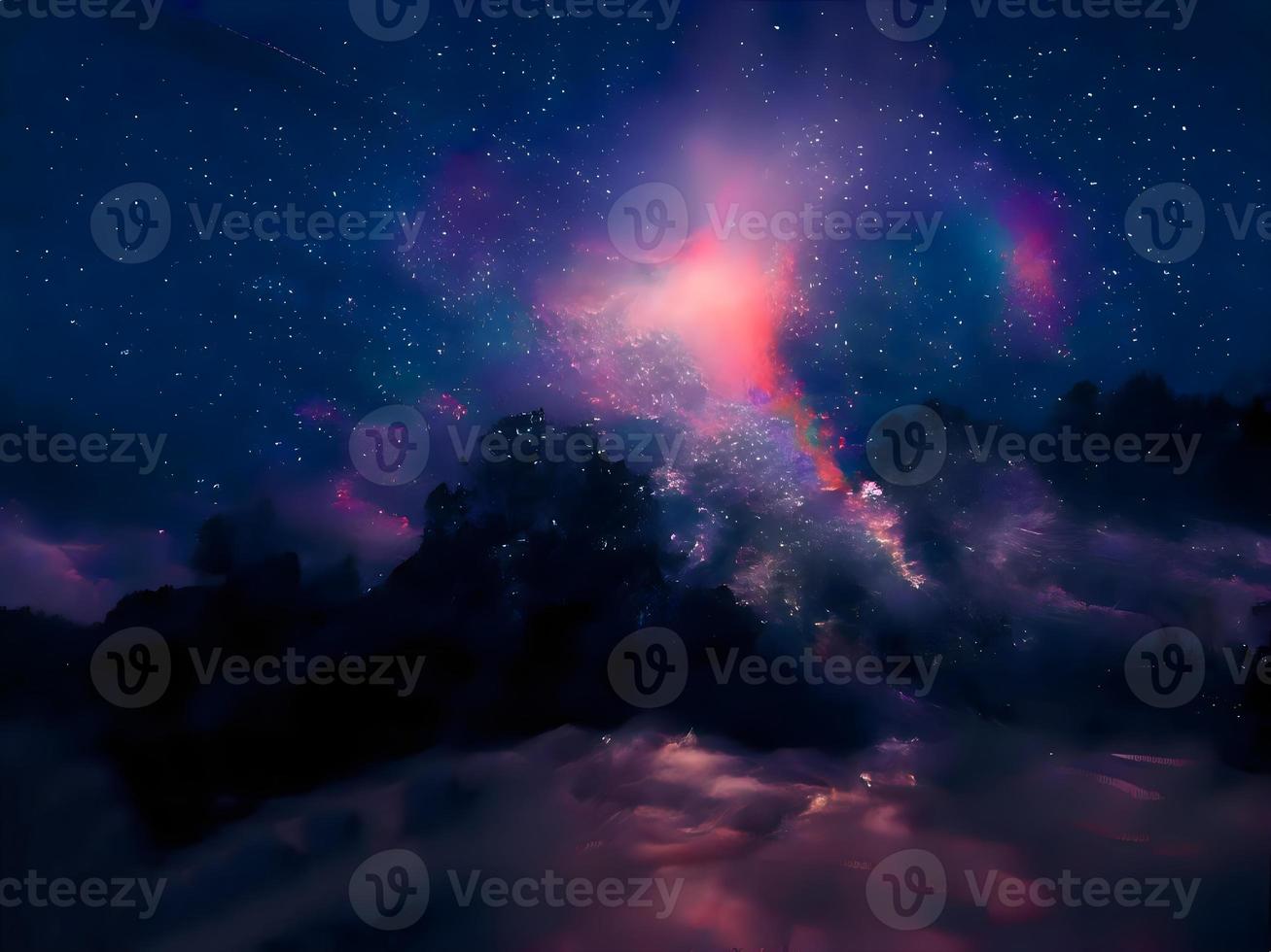 vía láctea y luz rosa en las montañas. paisaje colorido nocturno. cielo estrellado con colinas. hermoso universo. fondo espacial con galaxia. fondo de viaje foto