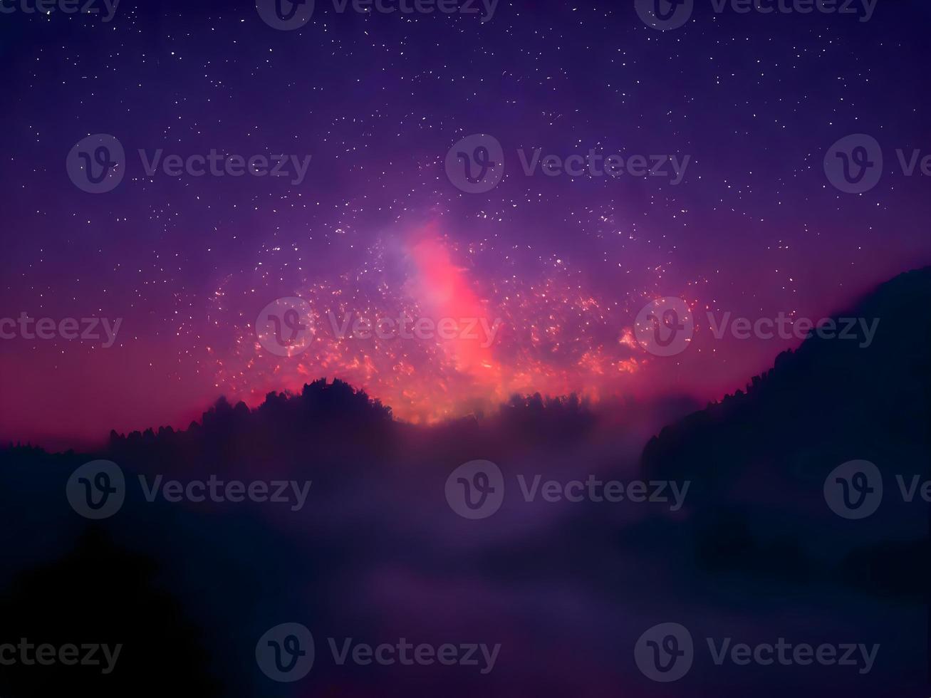 Milky Way and pink light at mountains. Night colorful landscape. Starry sky with hills. Beautiful Universe. Space background with galaxy. Travel background photo