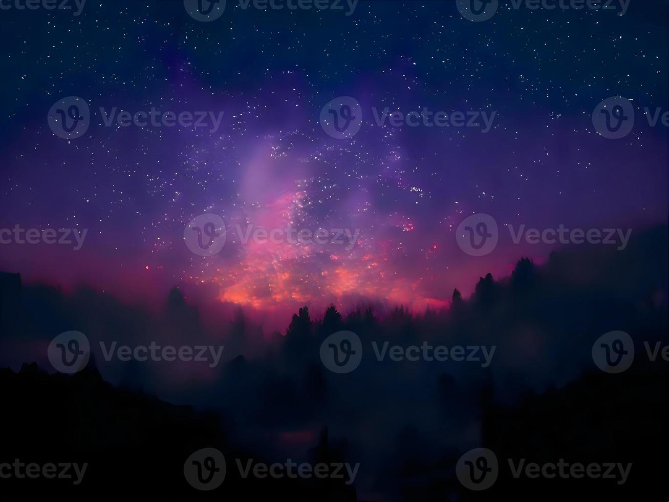 vía láctea y luz rosa en las montañas. paisaje colorido nocturno. cielo estrellado con colinas. hermoso universo. fondo espacial con galaxia. fondo de viaje foto