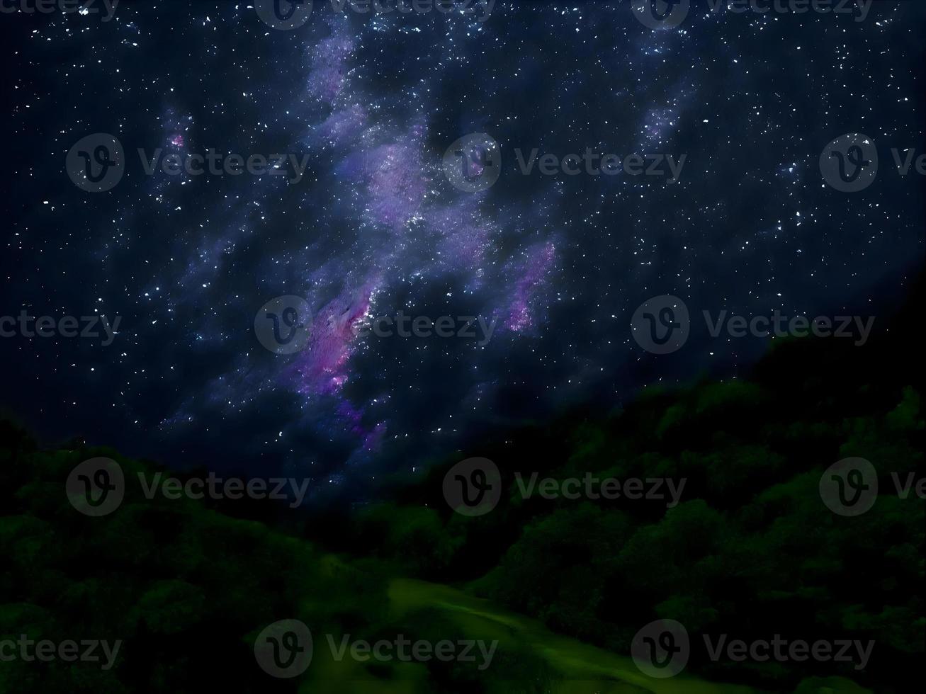 Milky Way and pink light at mountains. Night colorful landscape. Starry sky with hills. Beautiful Universe. Space background with galaxy. Travel background photo