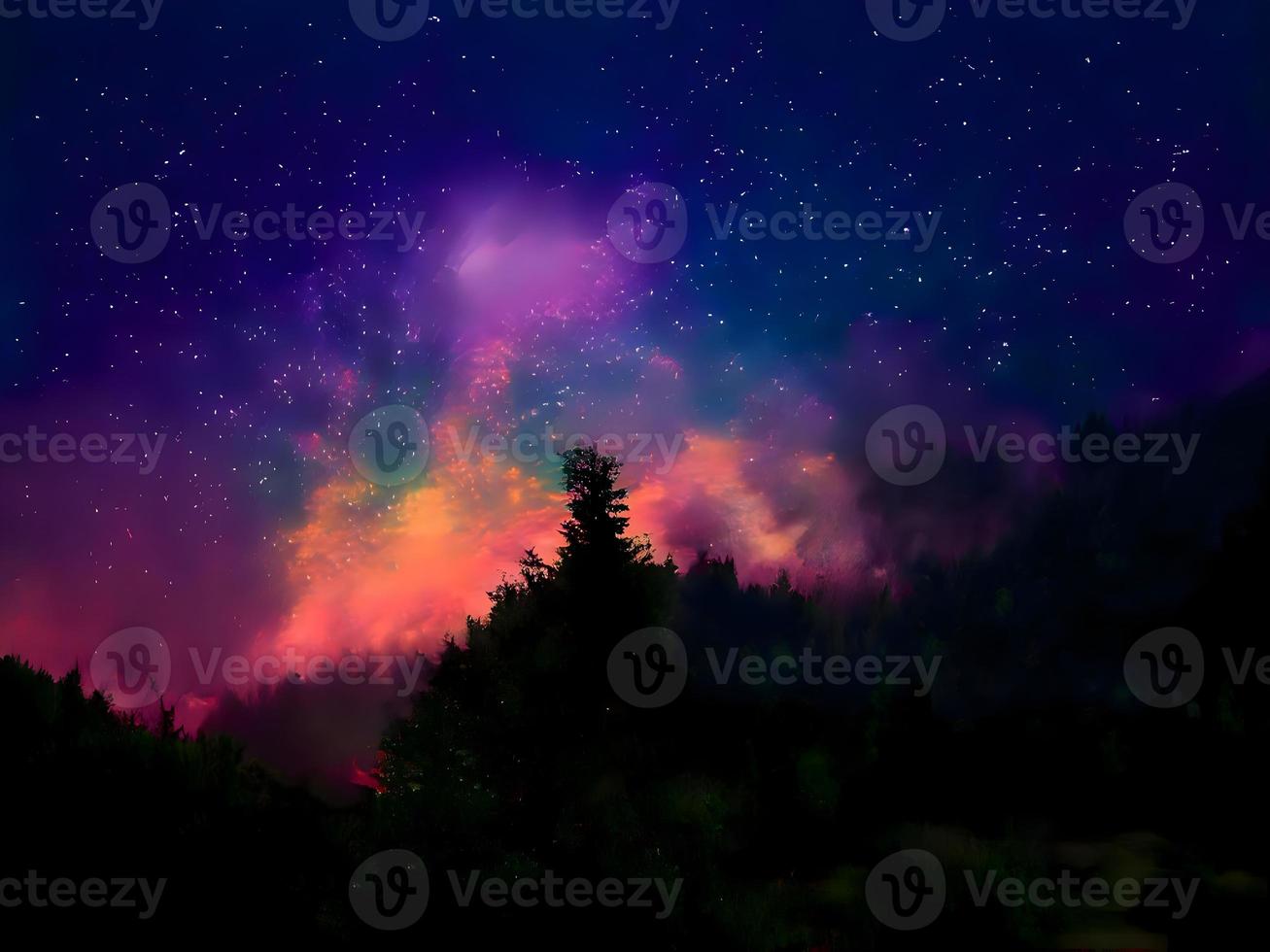 vía láctea y luz rosa en las montañas. paisaje colorido nocturno. cielo estrellado con colinas. hermoso universo. fondo espacial con galaxia. fondo de viaje foto