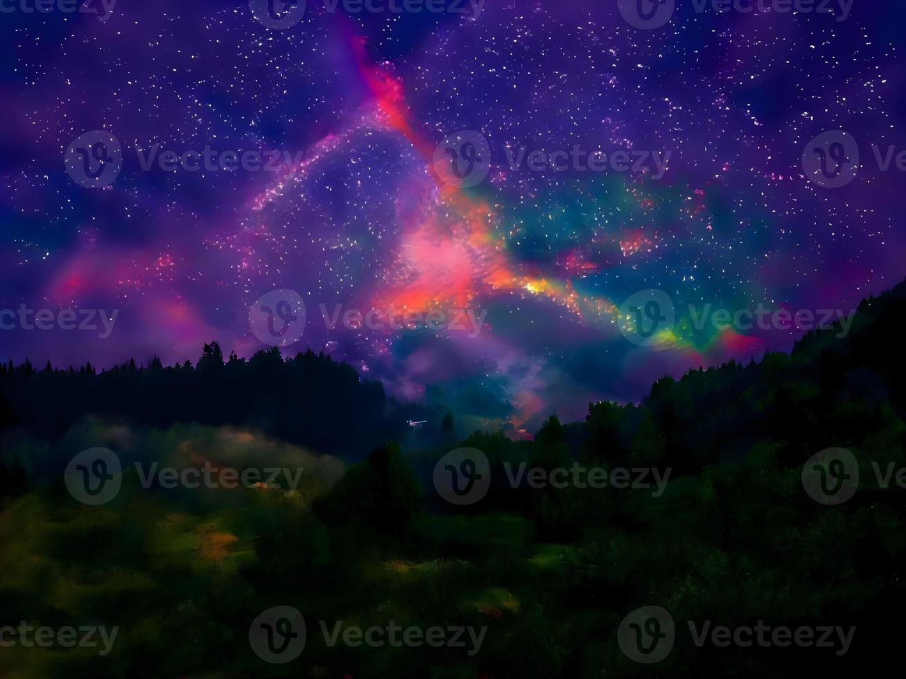 vía láctea y luz rosa en las montañas. paisaje colorido nocturno. cielo estrellado con colinas. hermoso universo. fondo espacial con galaxia. fondo de viaje foto