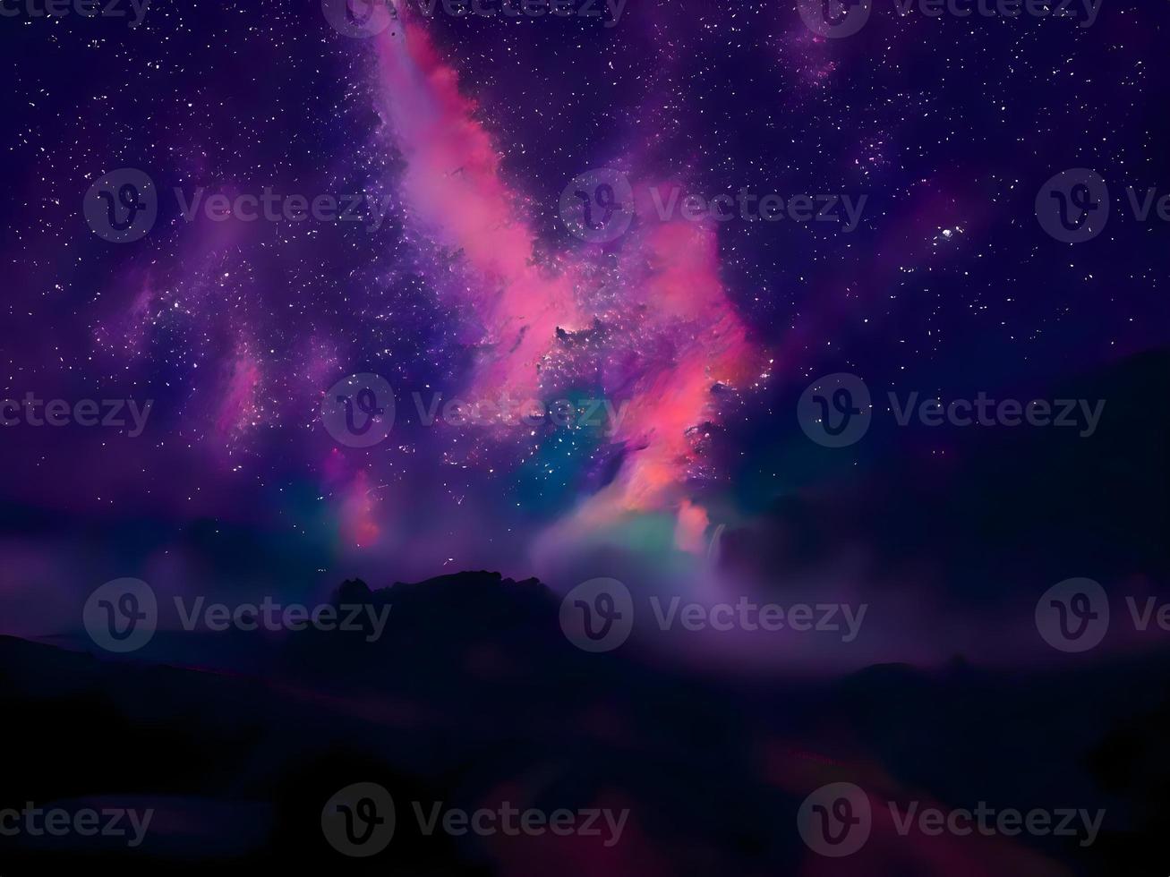 Milky Way and pink light at mountains. Night colorful landscape. Starry sky with hills. Beautiful Universe. Space background with galaxy. Travel background photo