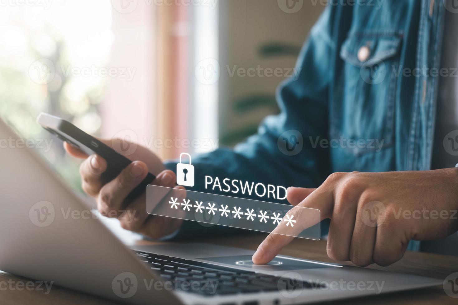 cybersecurity concept Global network security technology, business people protect personal information. Encryption with a padlock icon on the virtual interface. photo