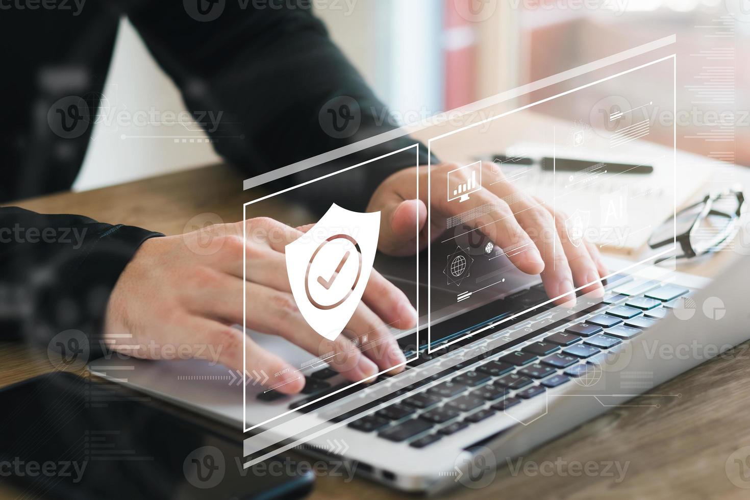 cybersecurity concept Global network security technology, business people protect personal information. Encryption with a padlock icon on the virtual interface. photo