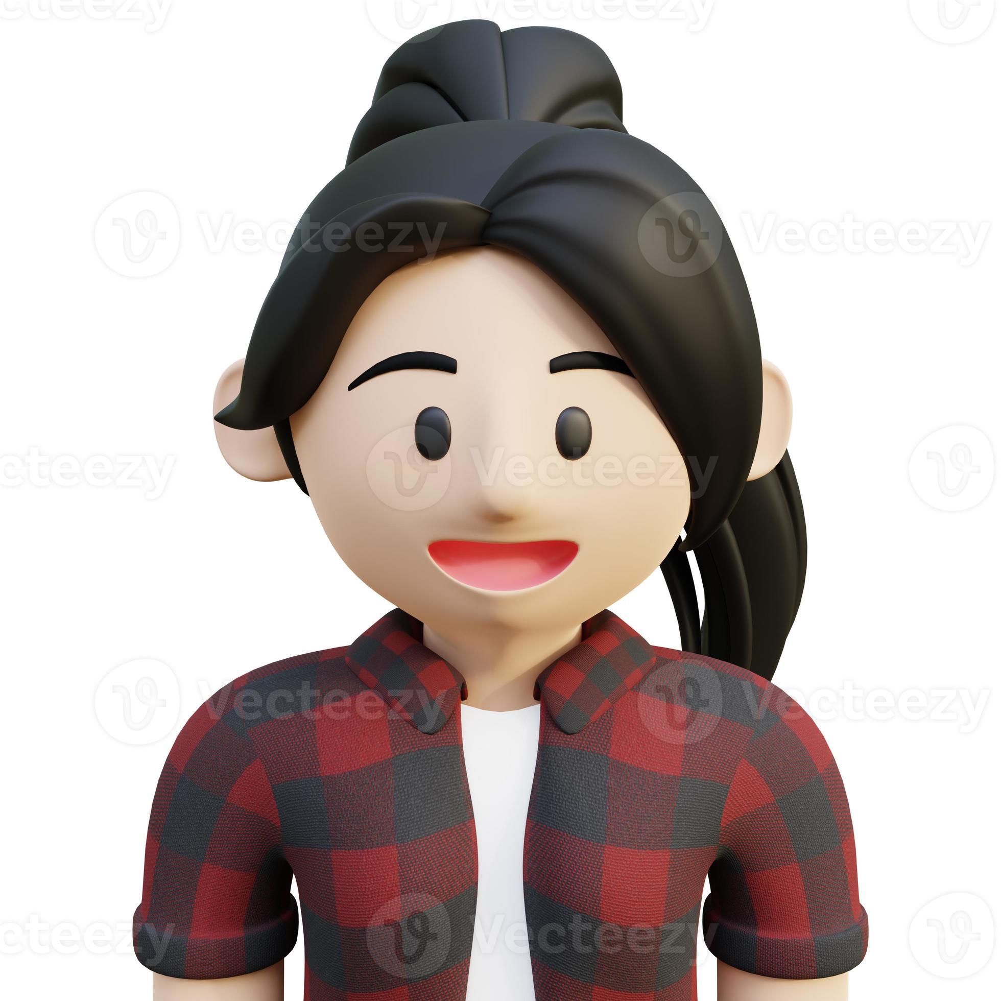 3d stylish girl avatar with long black hair ponytail style and red flannel  8933209 Stock Photo at Vecteezy