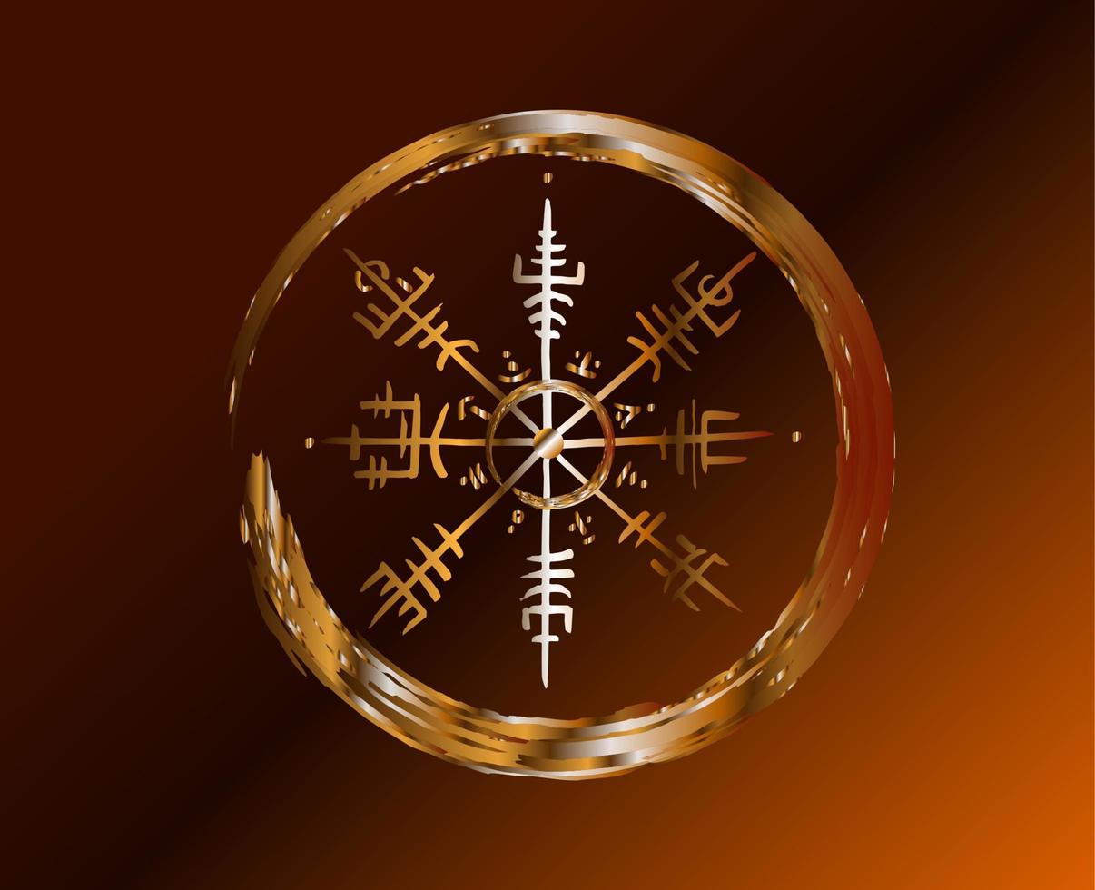 vegvisir brújula rúnica estilo de dibujo a lápiz dorado, dibujo a mano de símbolos vikingos, nórdico sagrado, logotipo dorado, símbolos mágicos rúnicos grunge, ilustración vectorial aislada en fondo de bronce vector