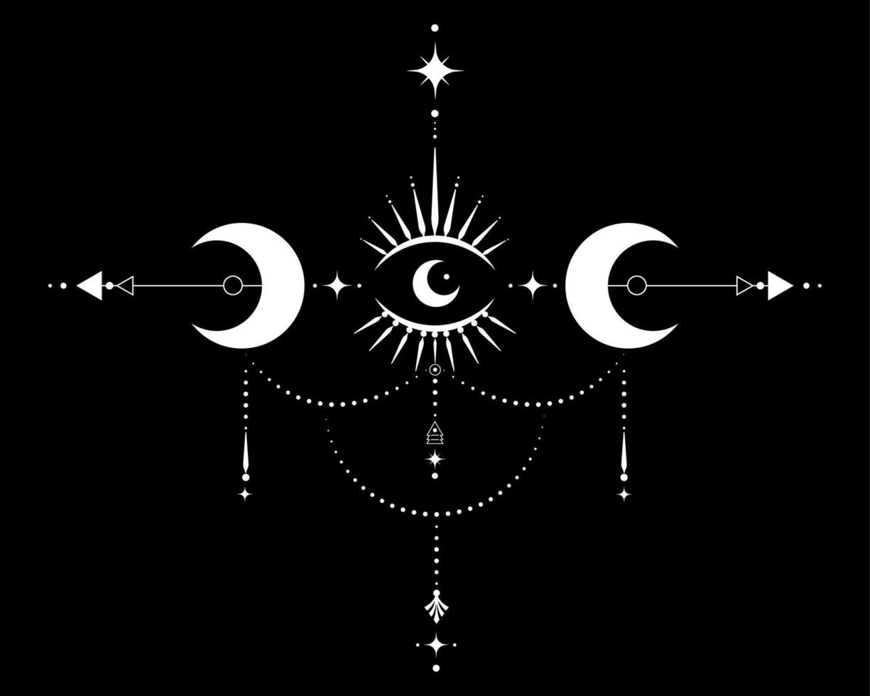 Eye of Providence. Sacred Geometry. All seeing eye inside triple moon pagan Wicca moon goddess symbol. Vector illustration isolated on black. Tattoo, astrology, alchemy, boho and magic symbol