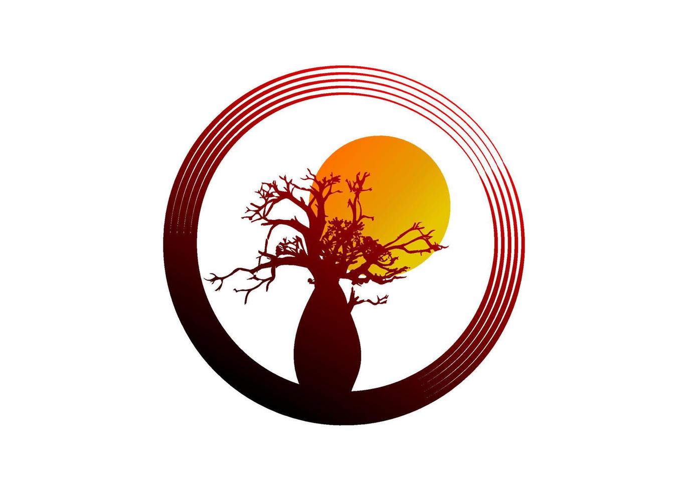 vector de árbol boab o baobab aislado, icono de concepto de logotipo de círculo de silueta de árbol, signo de ilustración aislado en el fondo del atardecer