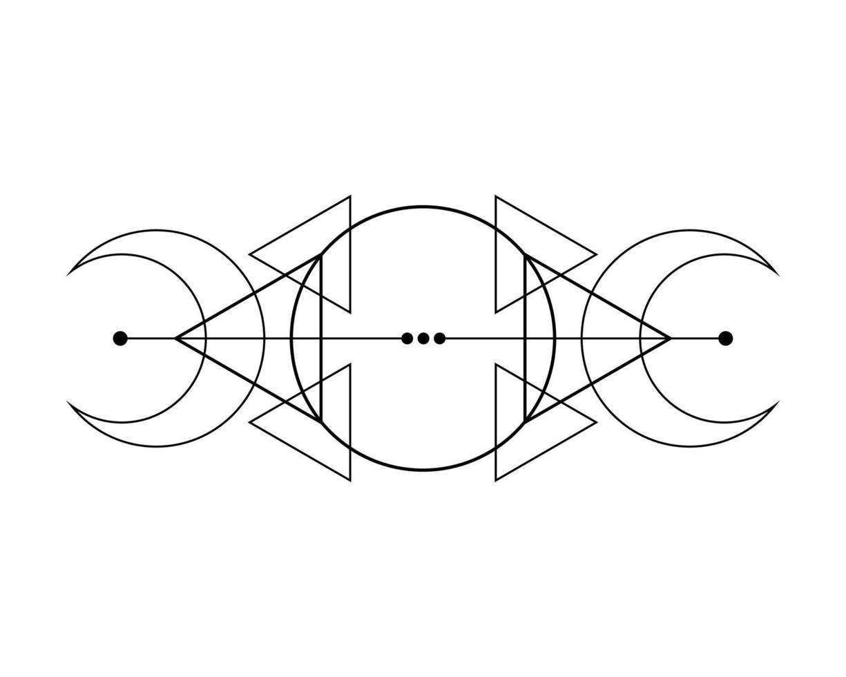 Luna triple mágica. símbolo de la deidad vikinga, geometría sagrada celta, tatuaje de logotipo negro wiccan, triángulos esotéricos de alquimia. Ilustración de vector de objeto de ocultismo espiritual aislado sobre fondo blanco