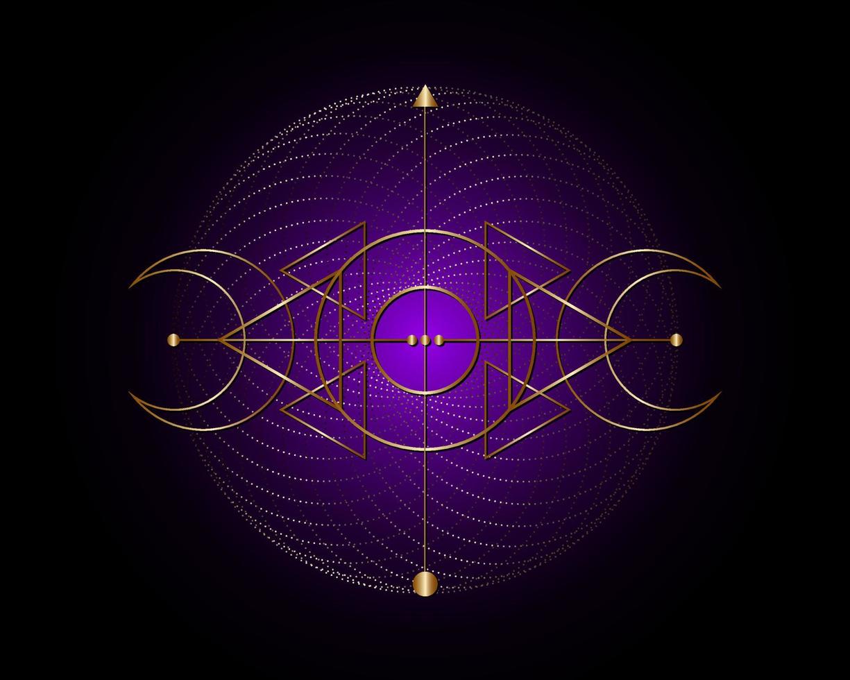 Magic Triple Moon. Gold symbol of the Viking deity, Celtic Sacred Geometry, Wiccan logo, alchemy esoteric triangles. Spiritual occultism object vector illustration isolated on black purple background