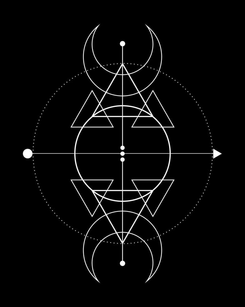 Magic Triple Moon. Symbol of the Viking deity, Celtic Sacred Geometry, Wiccan white logo tattoo, alchemy esoteric triangles. Spiritual occultism object vector illustration isolated on black background