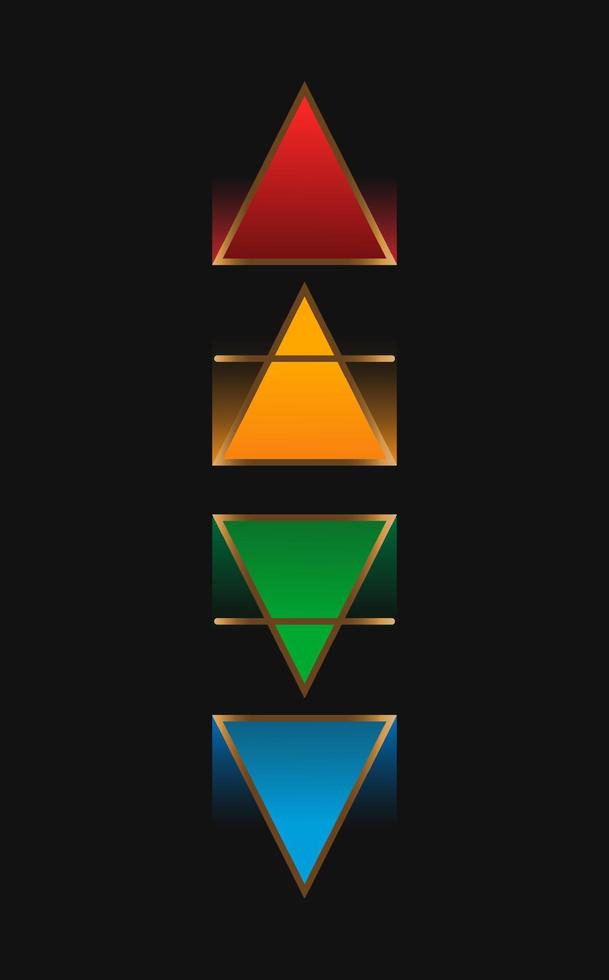 The Four Elements, Fire, Air, Earth, Water. Gold geometry, Wiccan divination symbols. Colorful Ancient occult signs, vector illustration isolated on black background