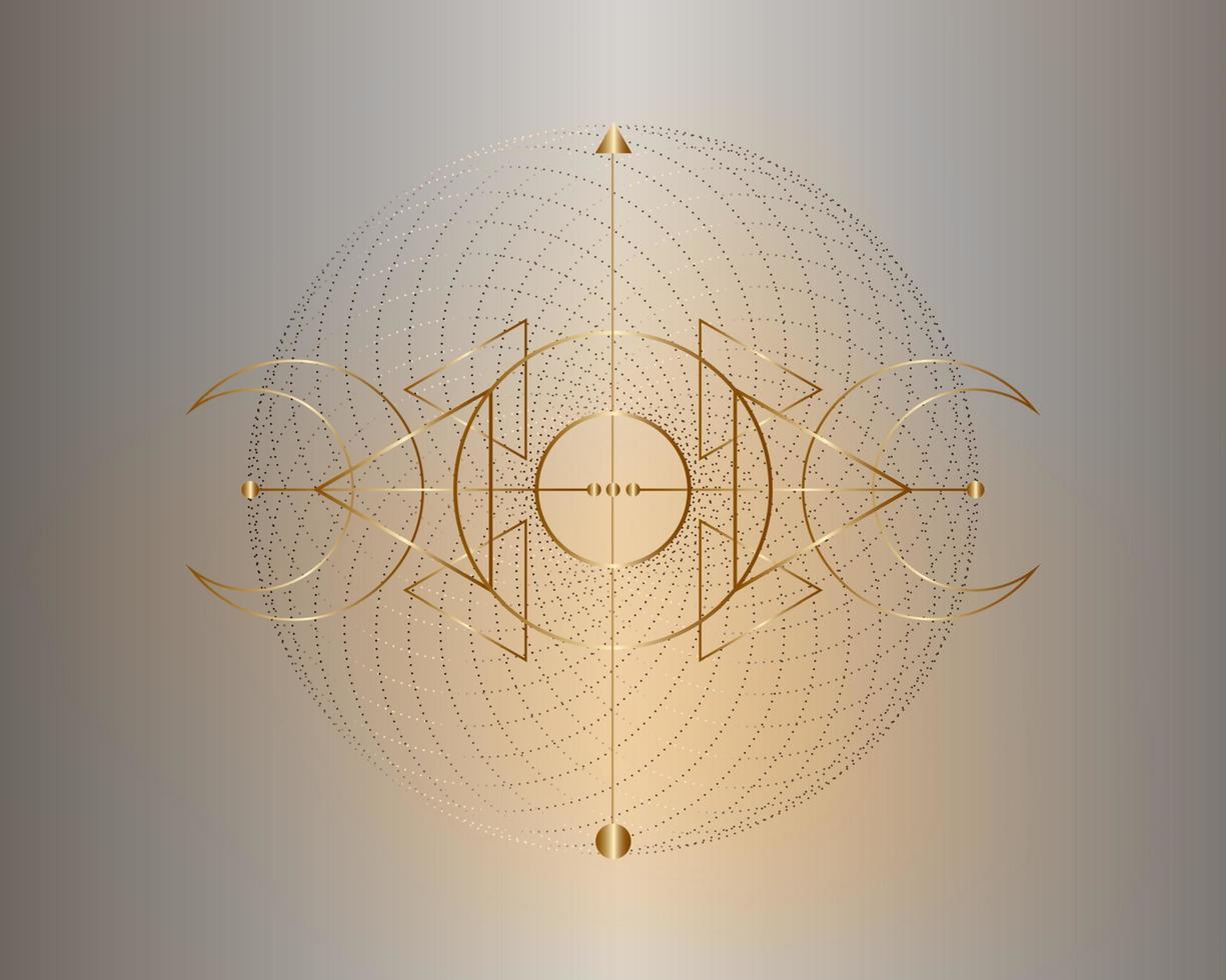 Magic Triple Moon. Gold symbol of the Viking deity, Celtic Sacred Geometry, Wiccan logo, alchemy esoteric triangles. Spiritual occultism object vector illustration isolated on silver background