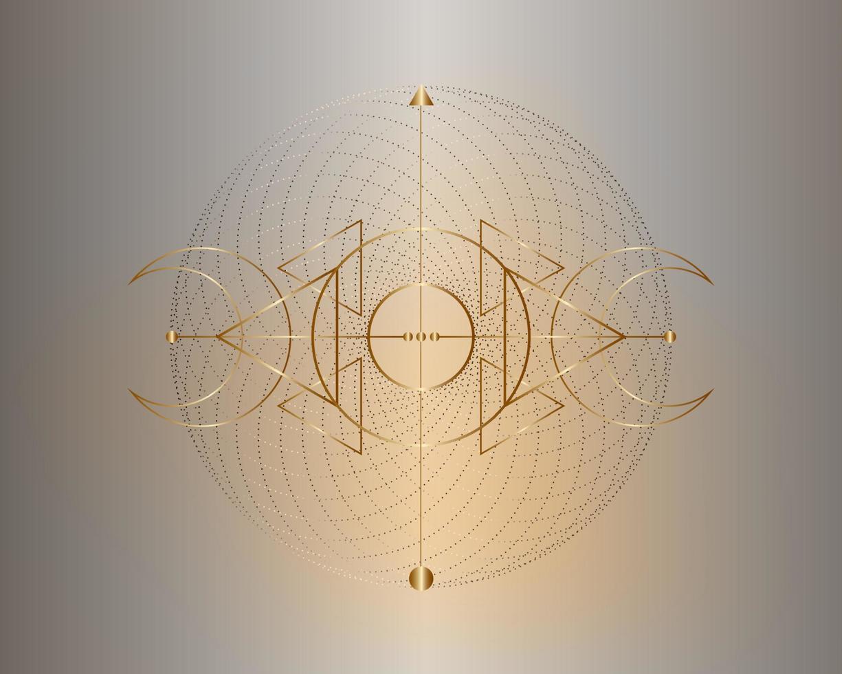 Luna triple mágica. símbolo de oro de la deidad vikinga, geometría sagrada celta, logotipo de wiccan, triángulos esotéricos de alquimia. Ilustración de vector de objeto de ocultismo espiritual aislado sobre fondo plateado