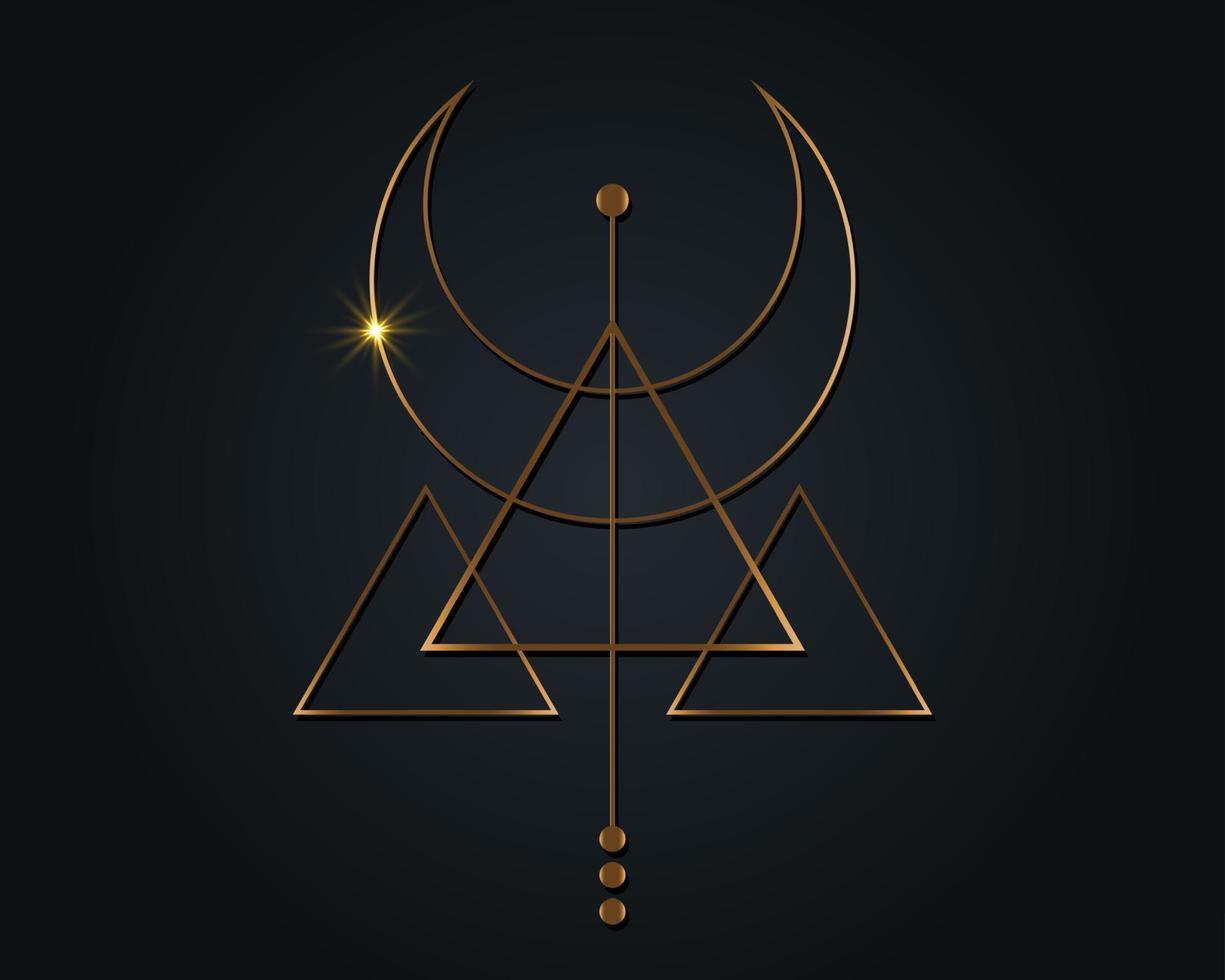 Magic Crescent Moon. Symbol of the Viking deity, Celtic Sacred Geometry, gold logo, alchemy esoteric triangles. Spiritual occultism object vector illustration isolated on black background