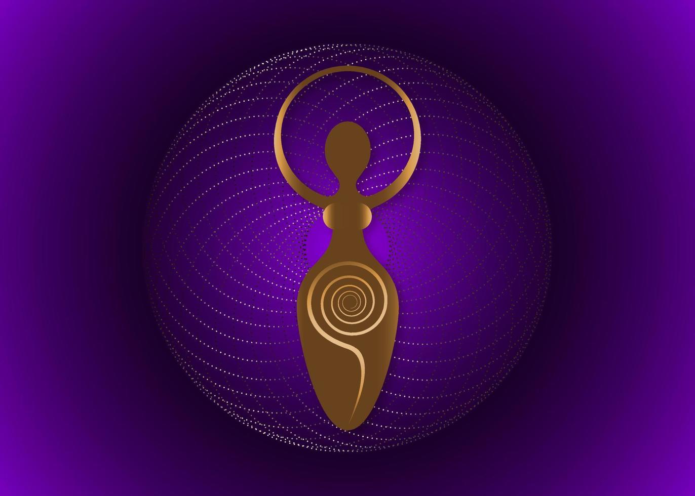 Wiccan Woman Logo, spiral goddess of fertility, Pagan Symbols, cycle of life, death and rebirth. Wicca mother earth symbol of sexual procreation, vector gold sign icon isolated on purple background