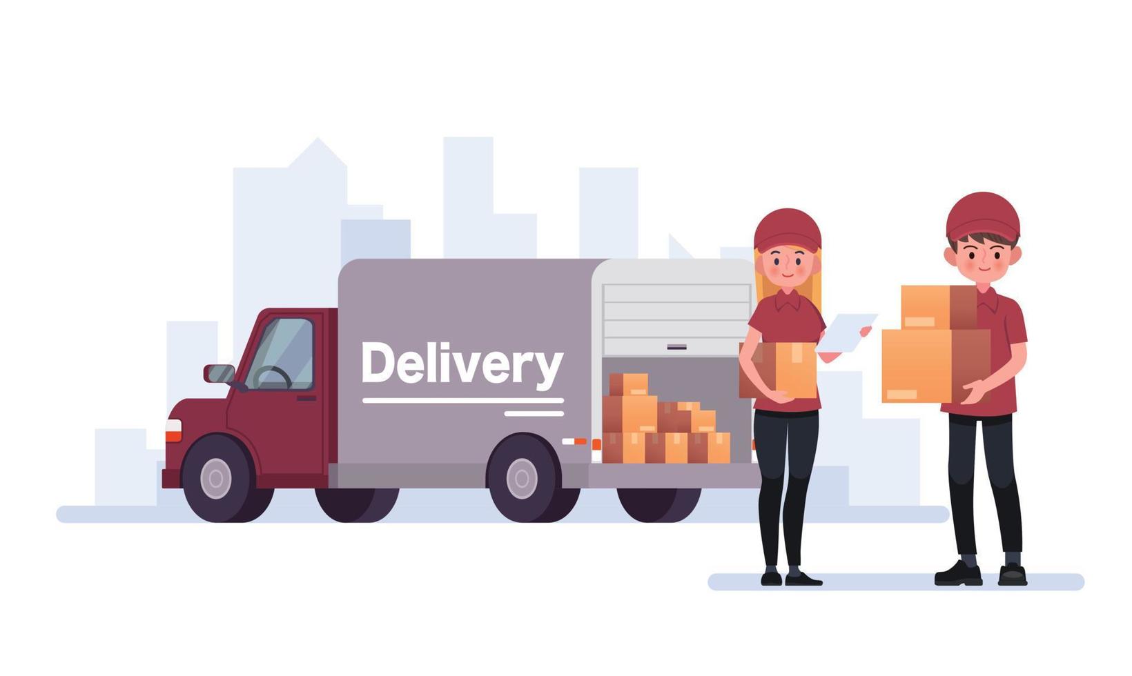 Delivery courier carrying packages with delivery truck vector illustration