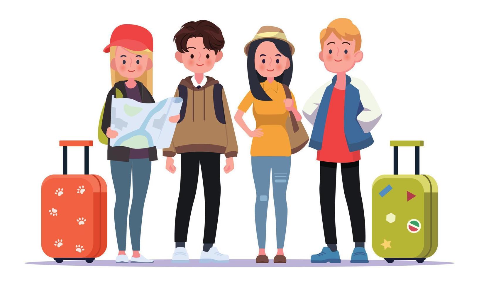 Happy group of teen traveler .Vector illustration cartoon character. vector