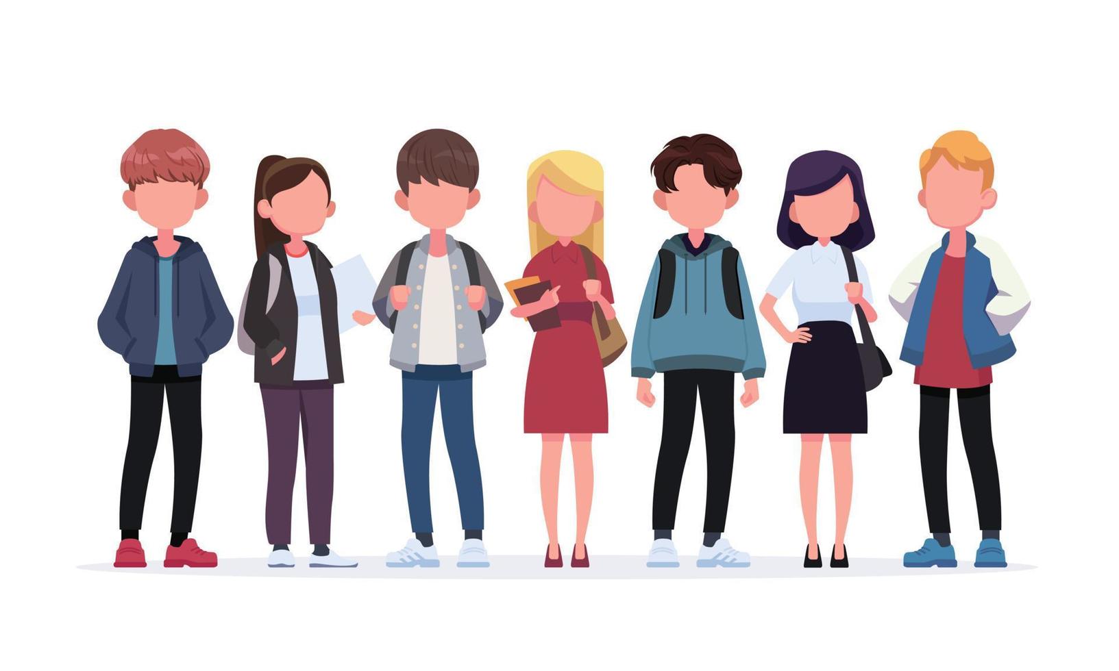 Group of young students. Flat style vector illustration isolated on white background.