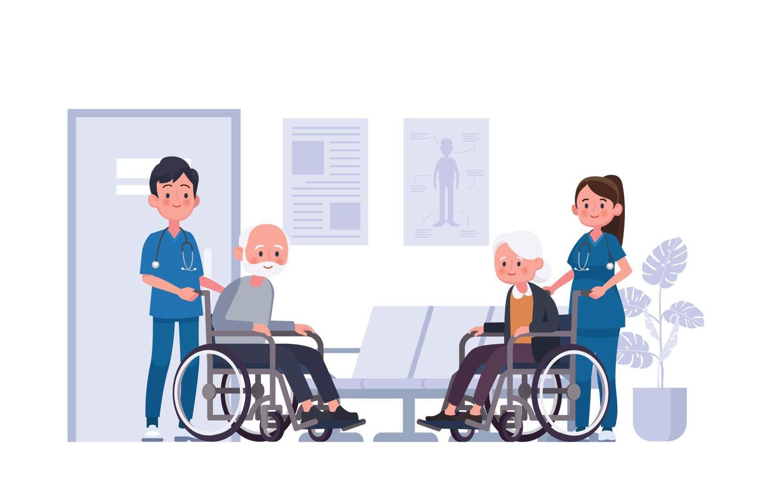 An elderly couple in a wheelchair with a male and female doctor supervising Flat style cartoon character vector illustration