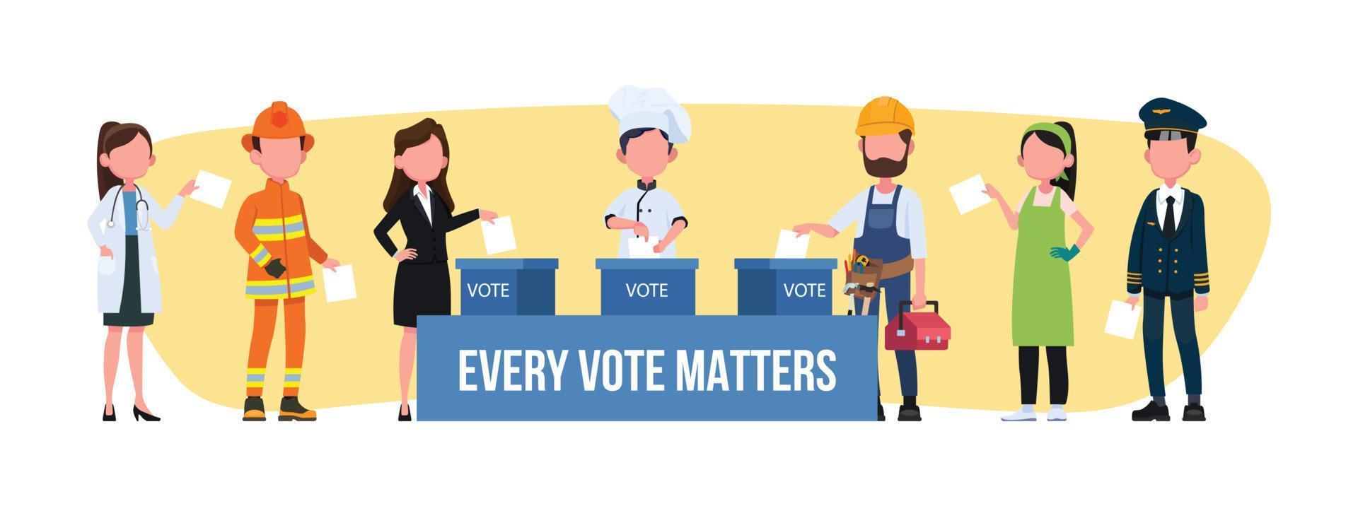 día de las elecciones, diferentes ocupaciones votan en el lugar de votación personas poniendo papeletas en la urna vector