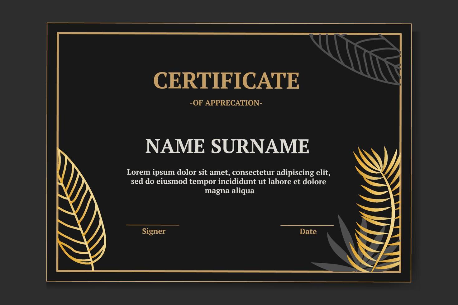 Modern and luxury certificate template with black and gold color. with leaf monstera and leaf palm vector